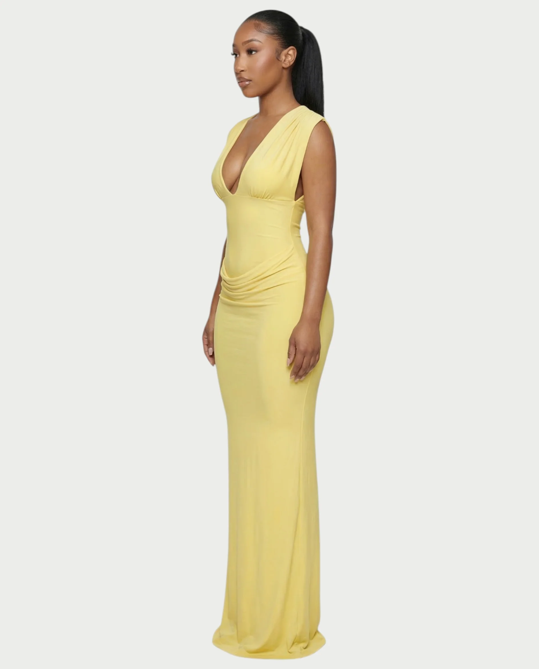 ADLEY Plunge-Neck Ruched Bodycon Maxi Dress - Image 3
