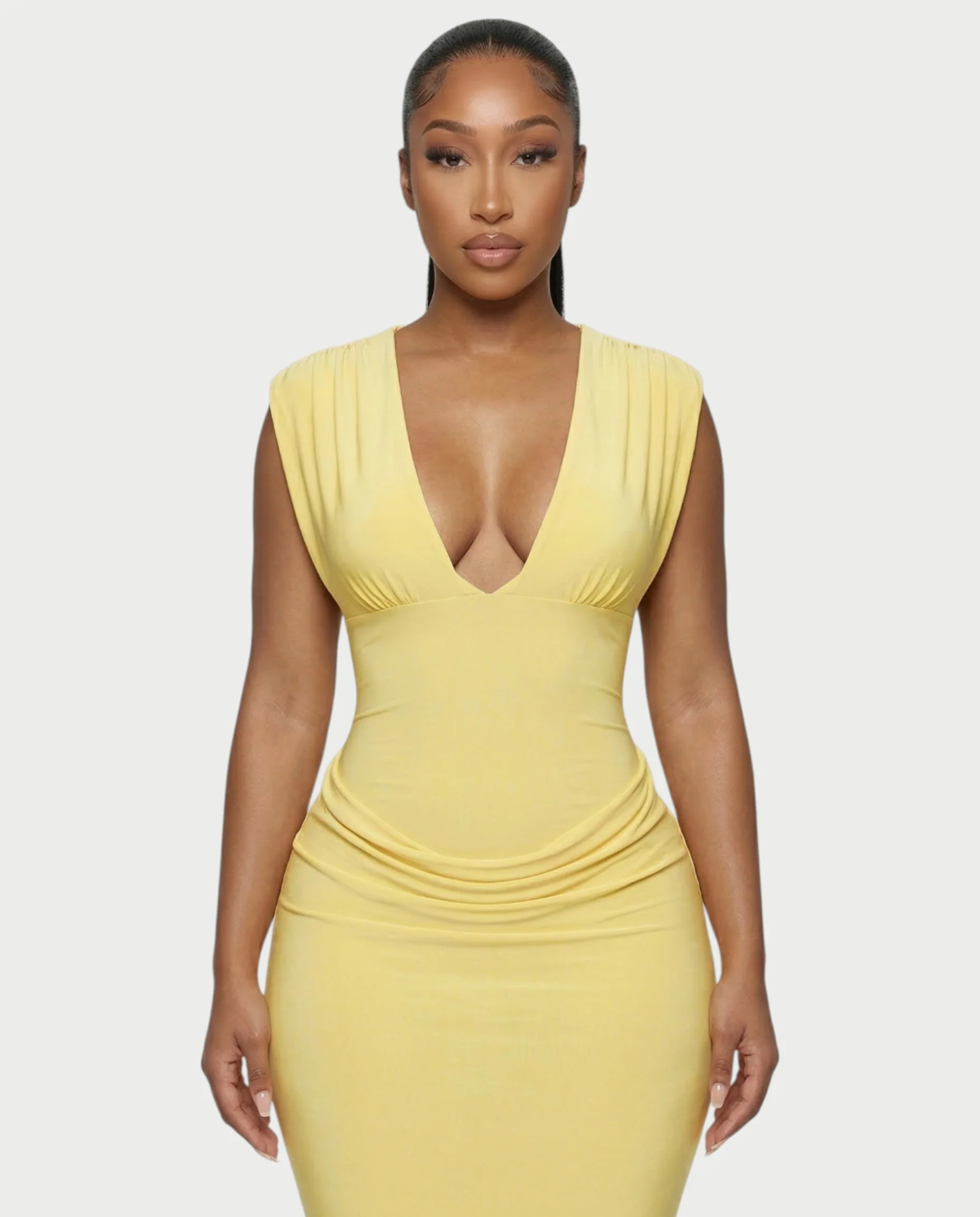 ADLEY Plunge-Neck Ruched Bodycon Maxi Dress - Image 4