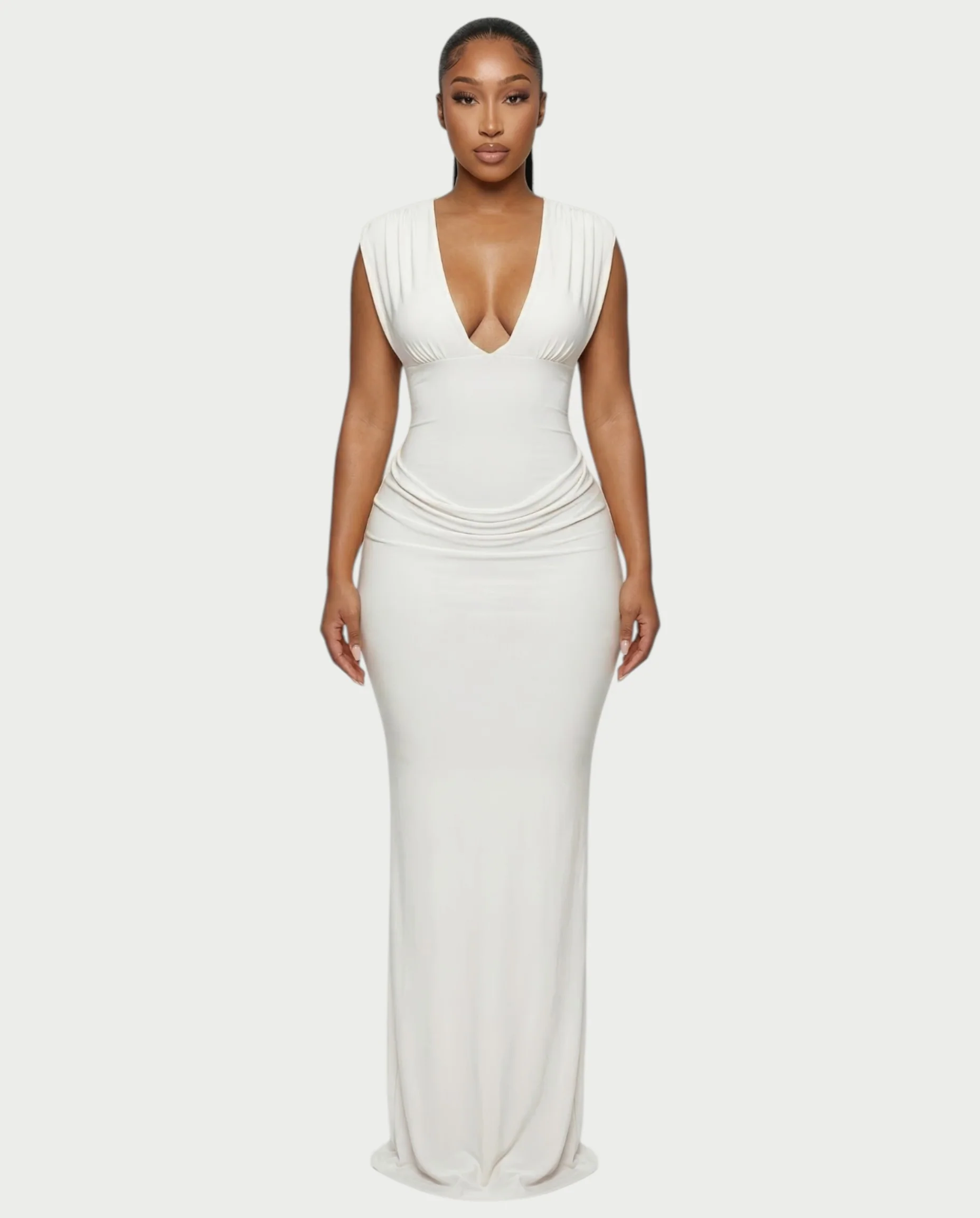 ADLEY Plunge-Neck Ruched Bodycon Maxi Dress - Image 6