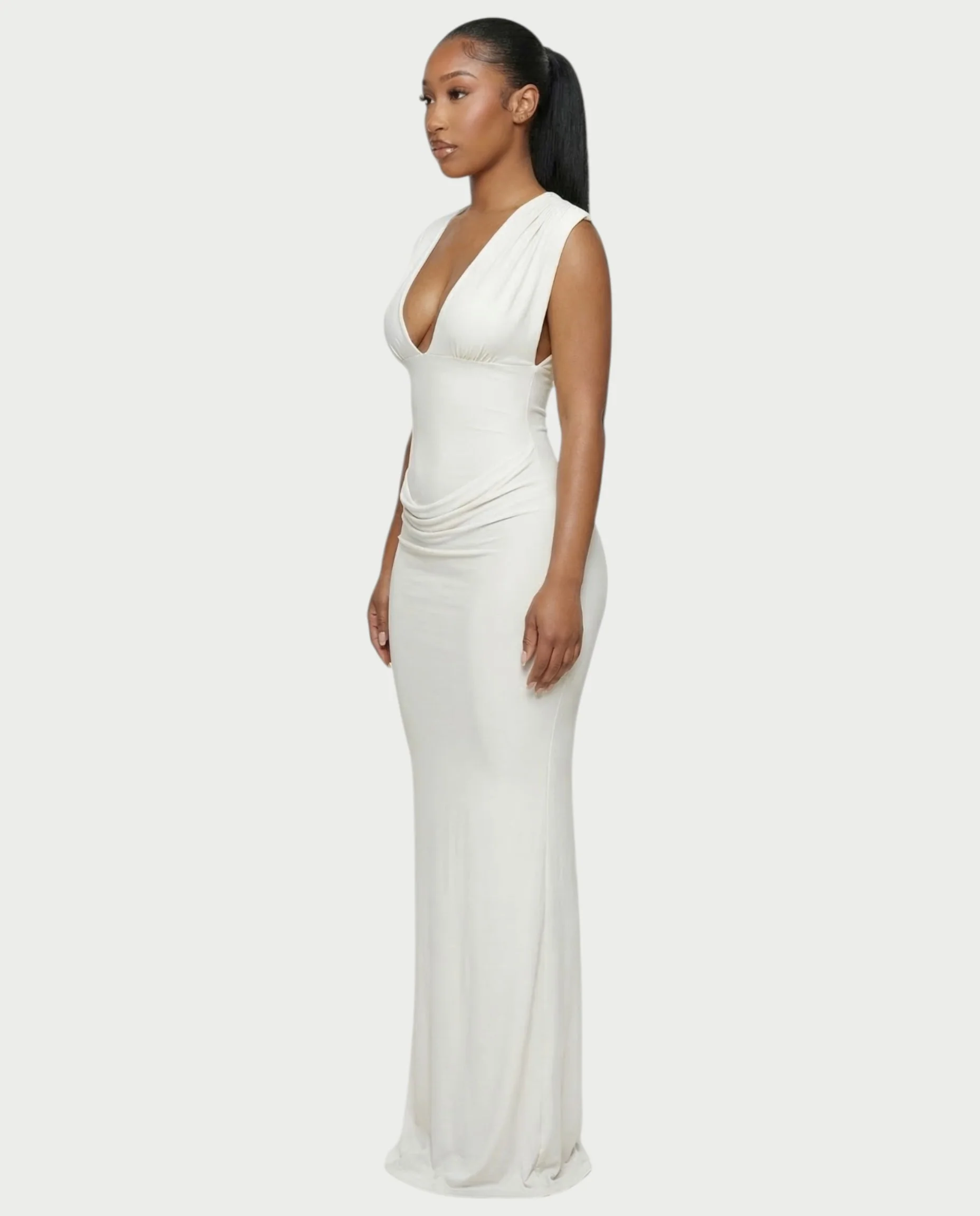 ADLEY Plunge-Neck Ruched Bodycon Maxi Dress - Image 8
