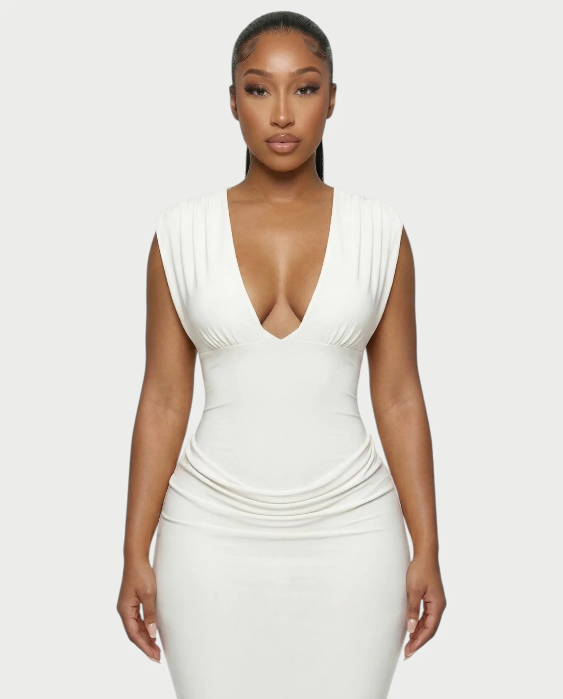 ADLEY Plunge-Neck Ruched Bodycon Maxi Dress - Image 9