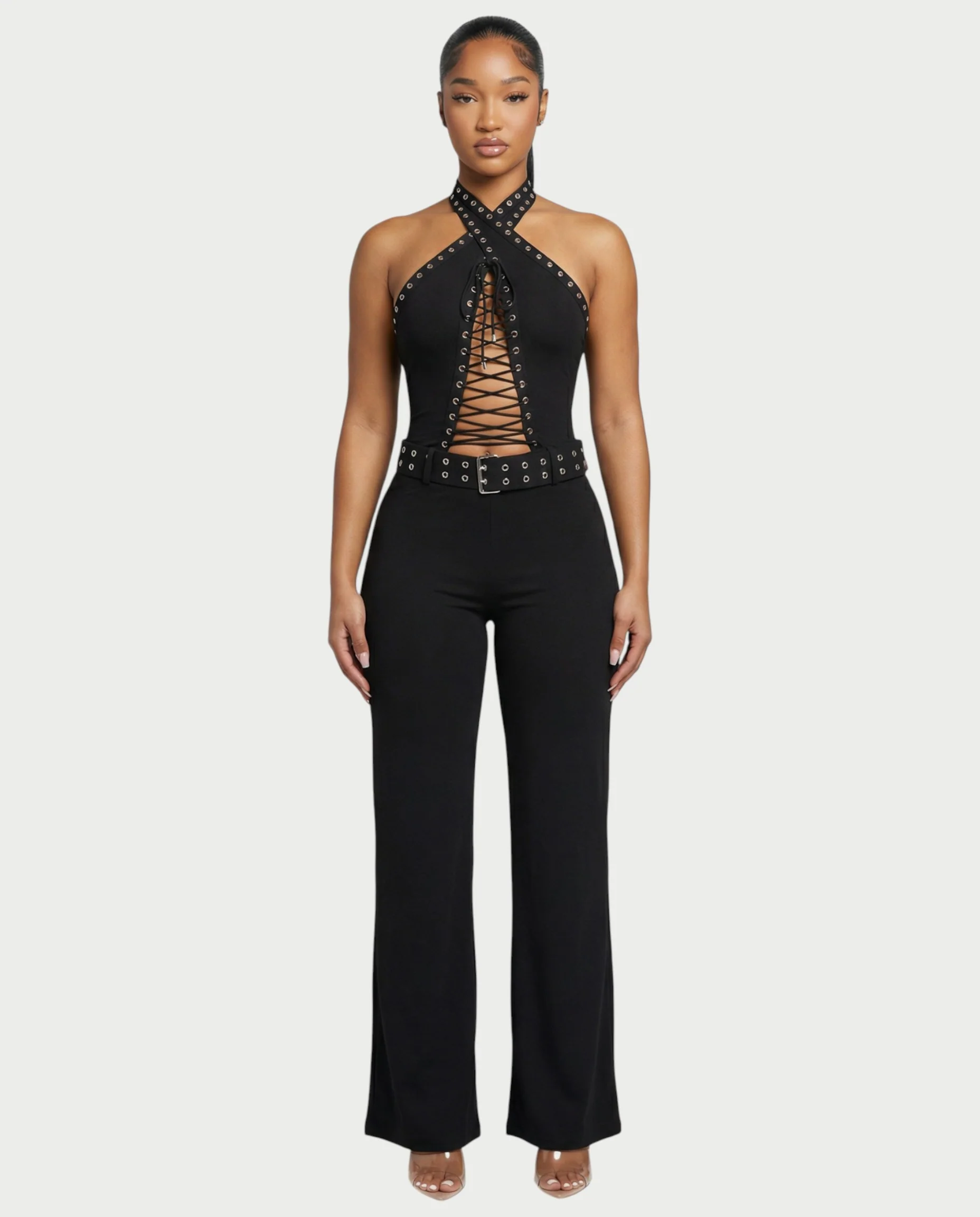 ALESSIA Eyelet Lace-Up Halter Jumpsuit