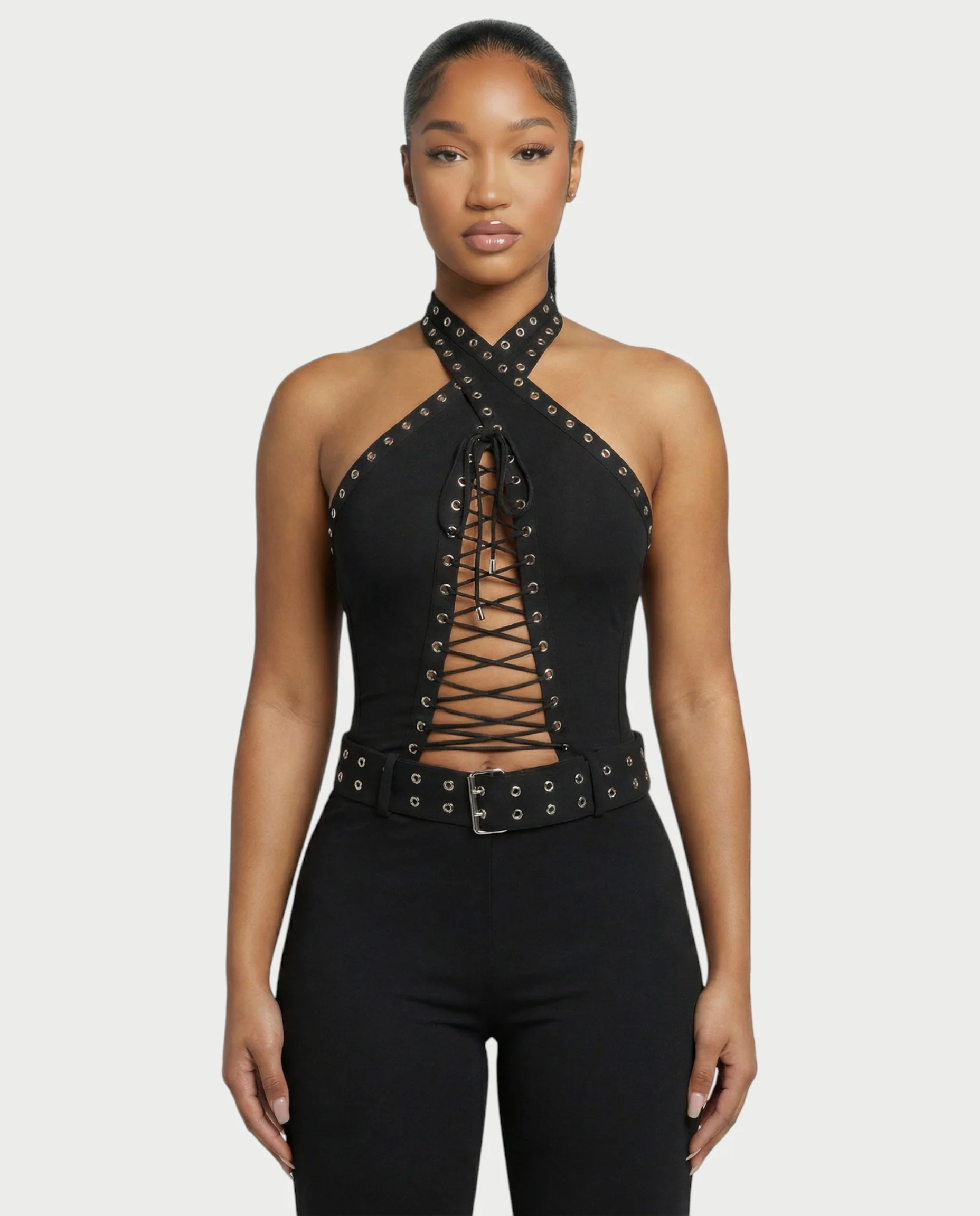 ALESSIA Eyelet Lace-Up Halter Jumpsuit - Image 4