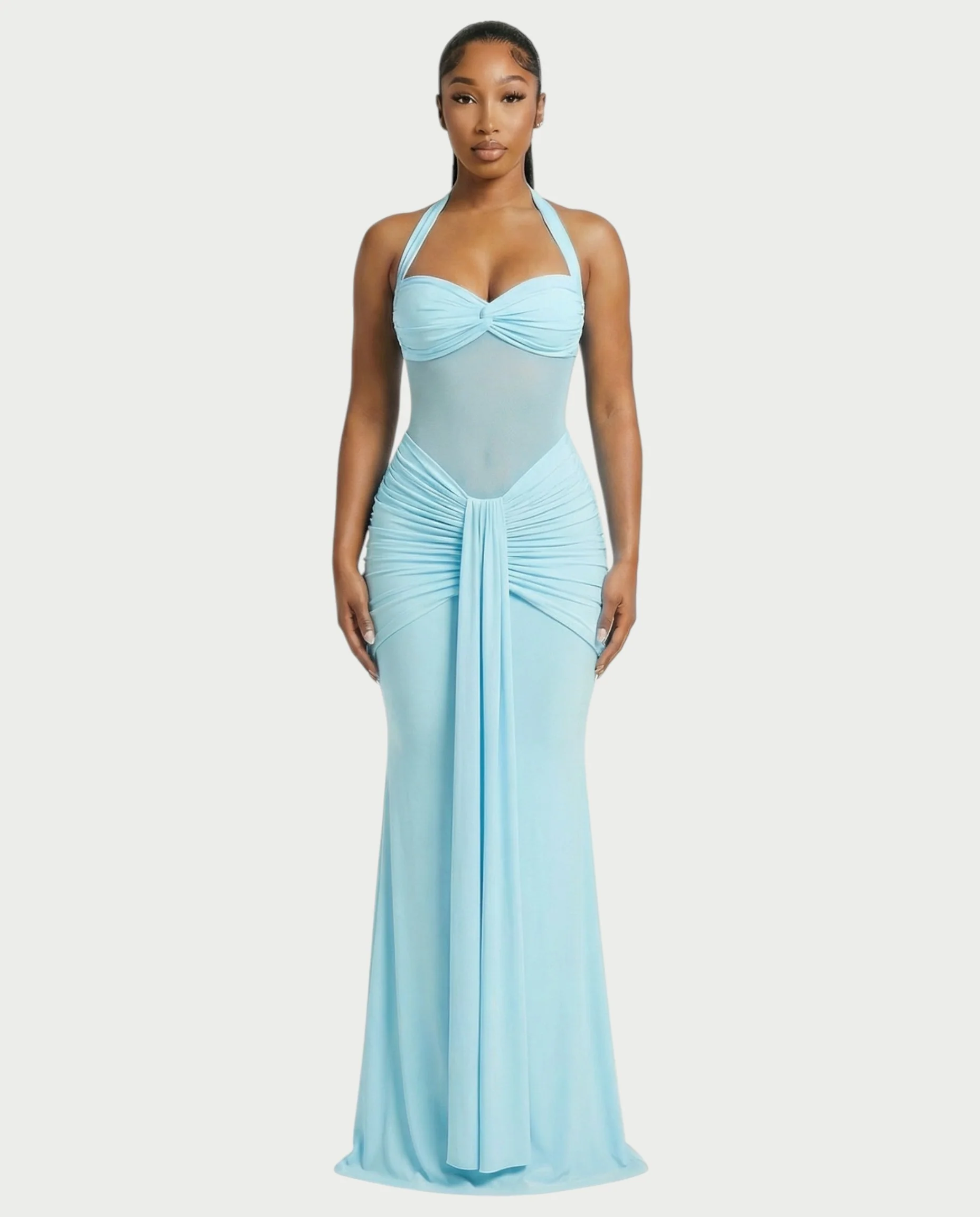 ALLEYA Halterneck Ruched Mesh Panel Maxi Dress - Image 11