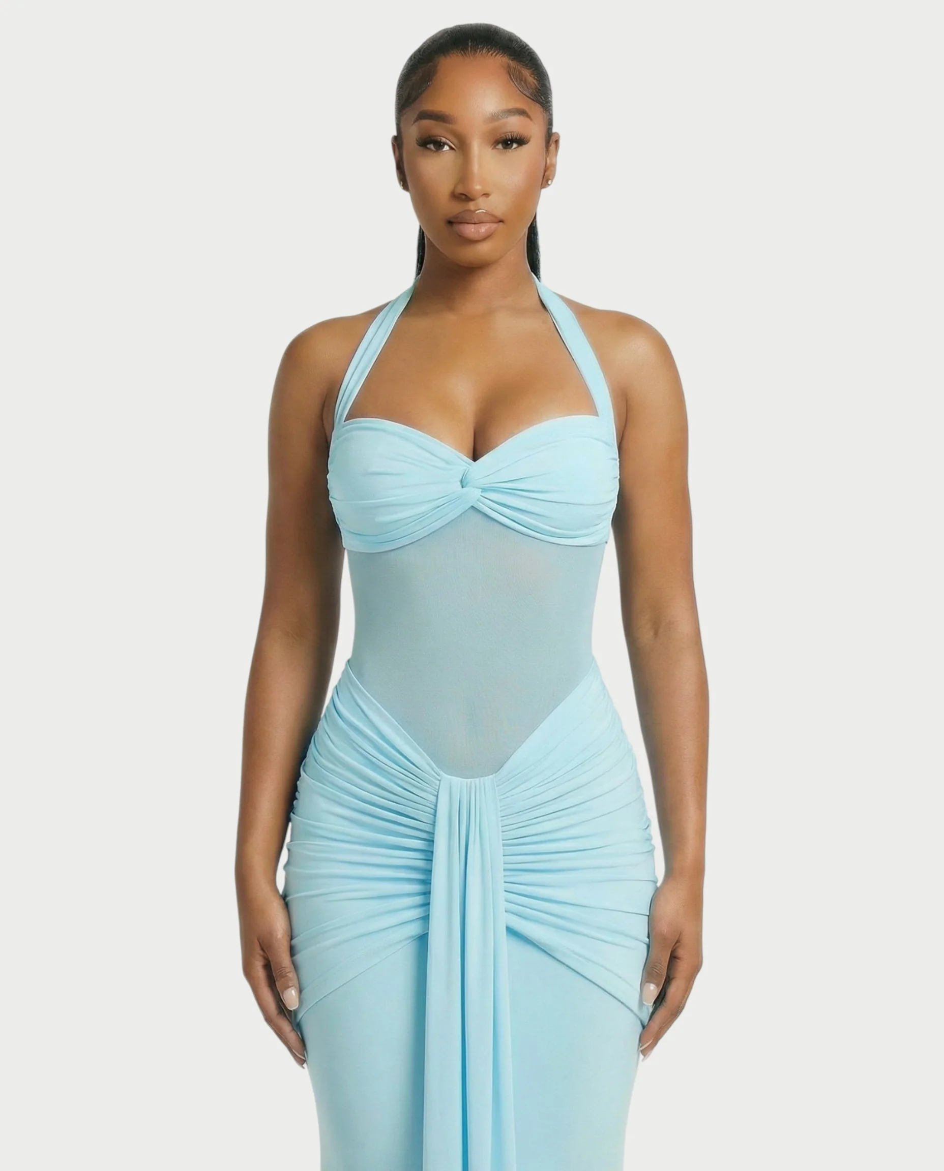 ALLEYA Halterneck Ruched Mesh Panel Maxi Dress - Image 12
