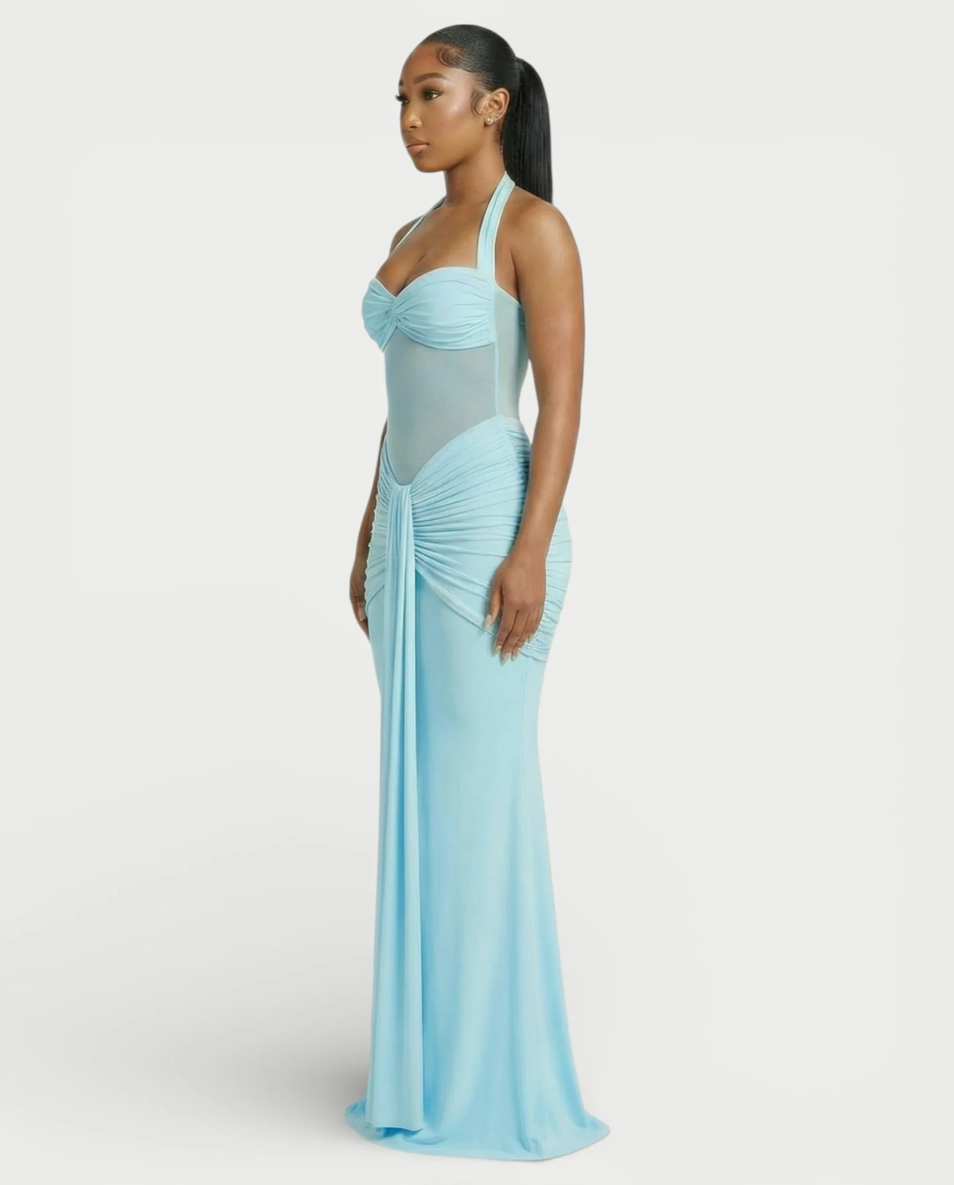 ALLEYA Halterneck Ruched Mesh Panel Maxi Dress - Image 13