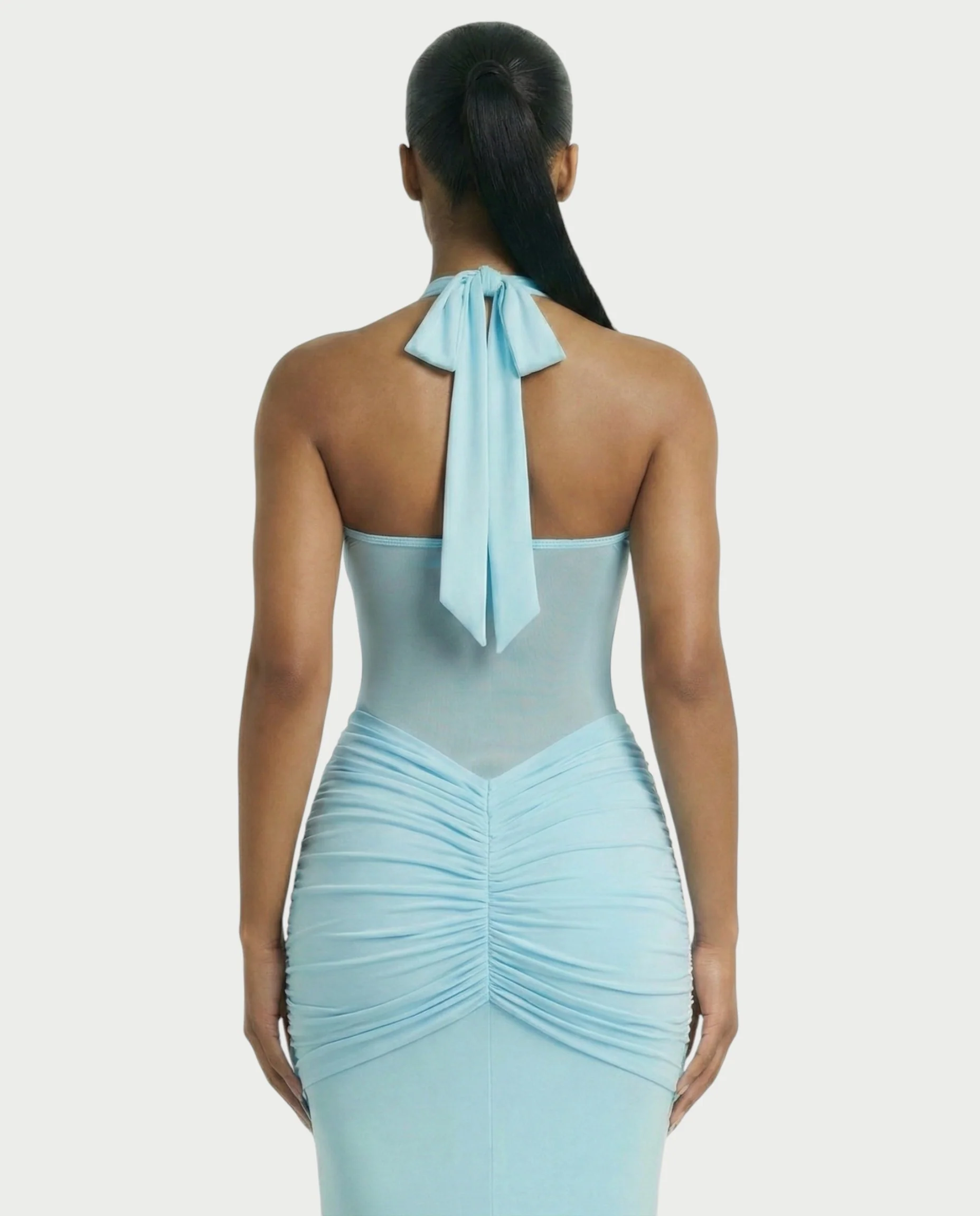 ALLEYA Halterneck Ruched Mesh Panel Maxi Dress - Image 15