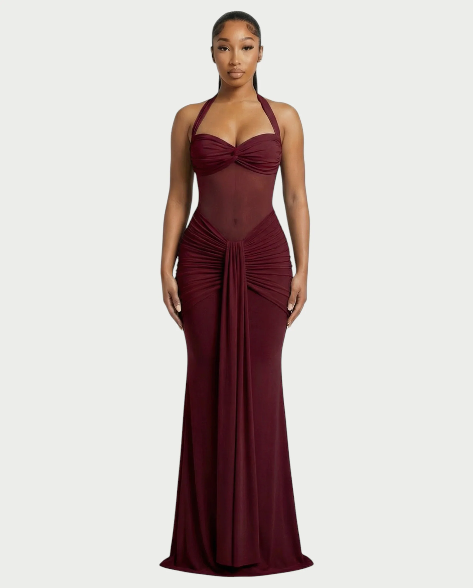 ALLEYA Halterneck Ruched Mesh Panel Maxi Dress - Image 16