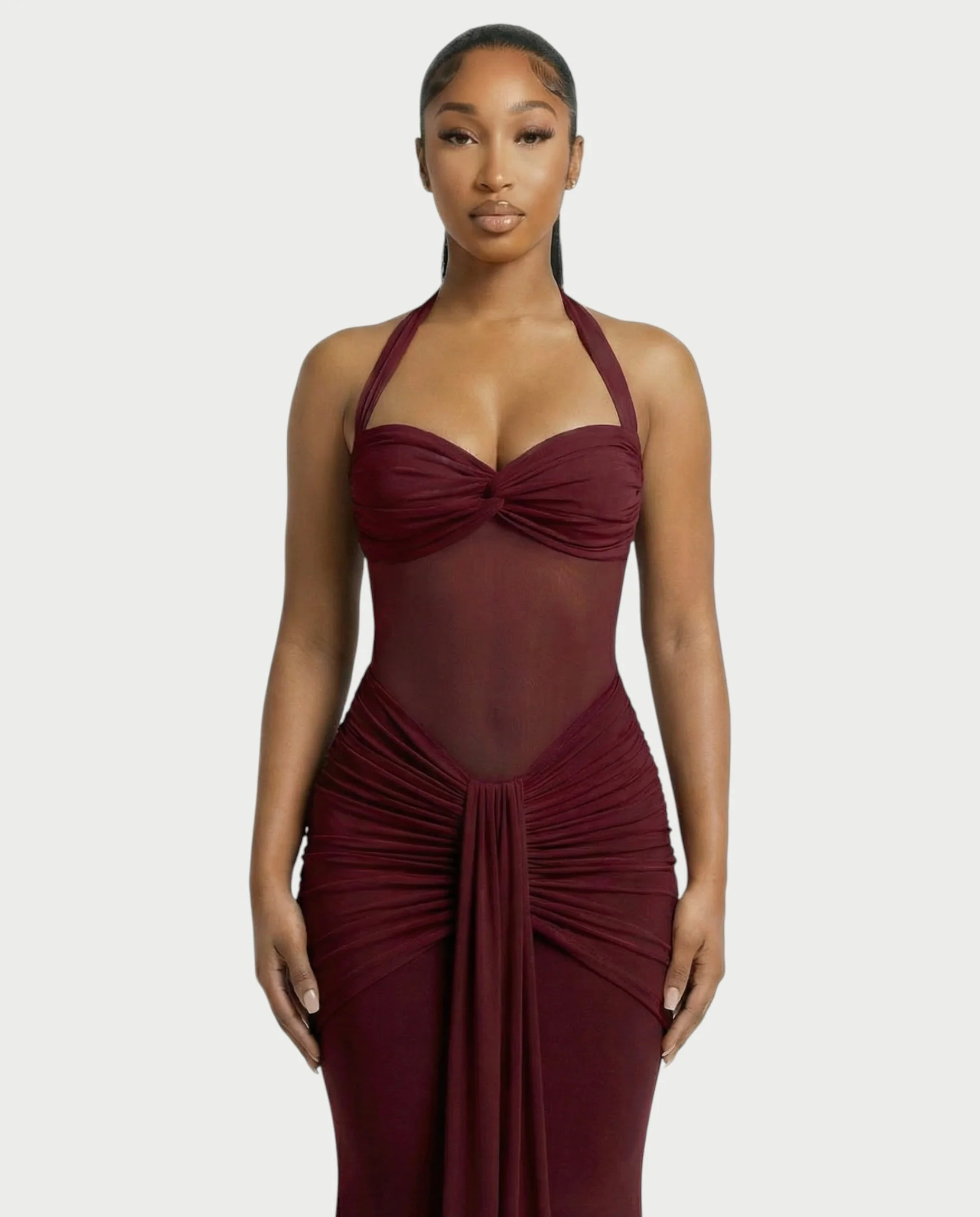ALLEYA Halterneck Ruched Mesh Panel Maxi Dress - Image 17