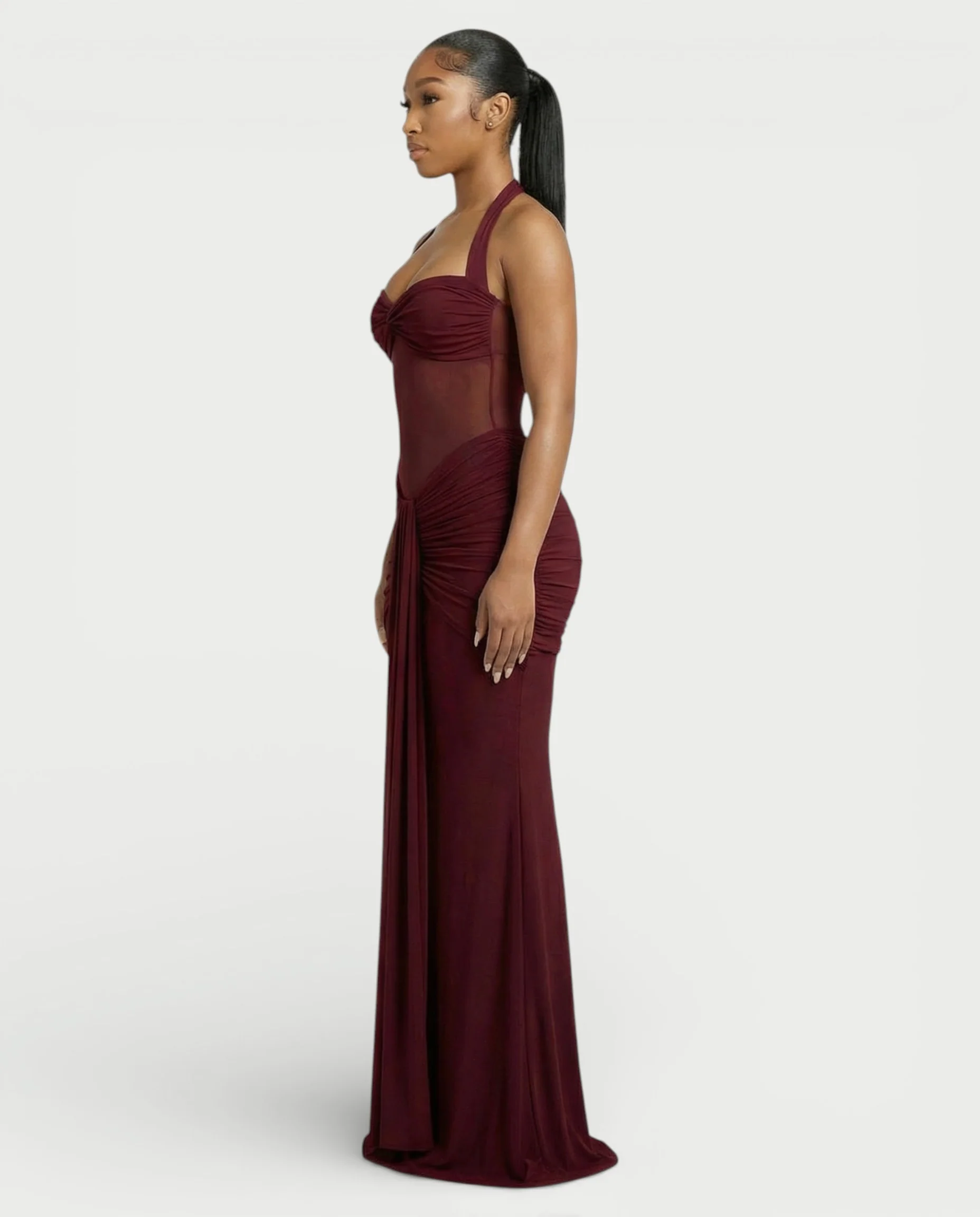 ALLEYA Halterneck Ruched Mesh Panel Maxi Dress - Image 18