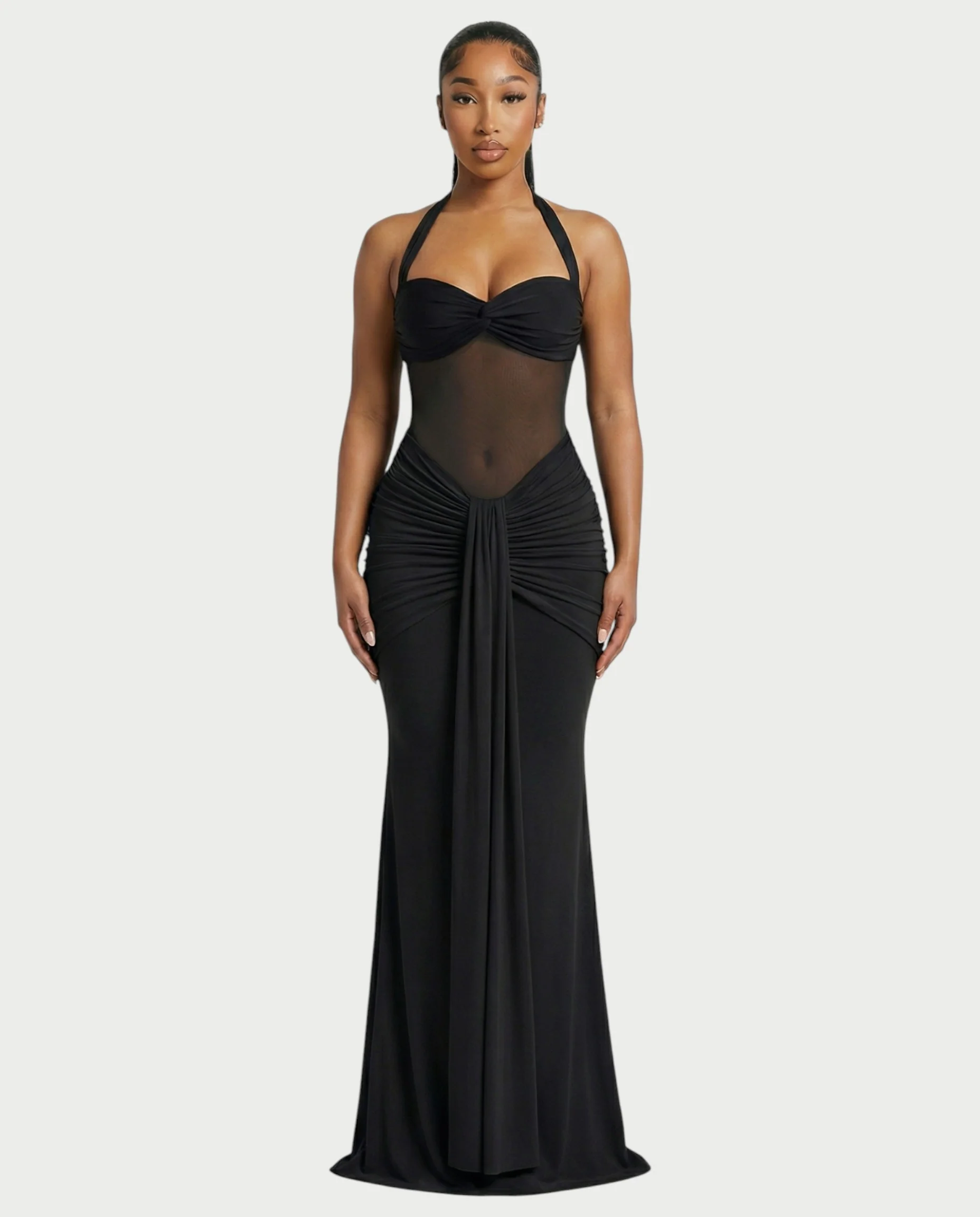 ALLEYA Halterneck Ruched Mesh Panel Maxi Dress - Image 21