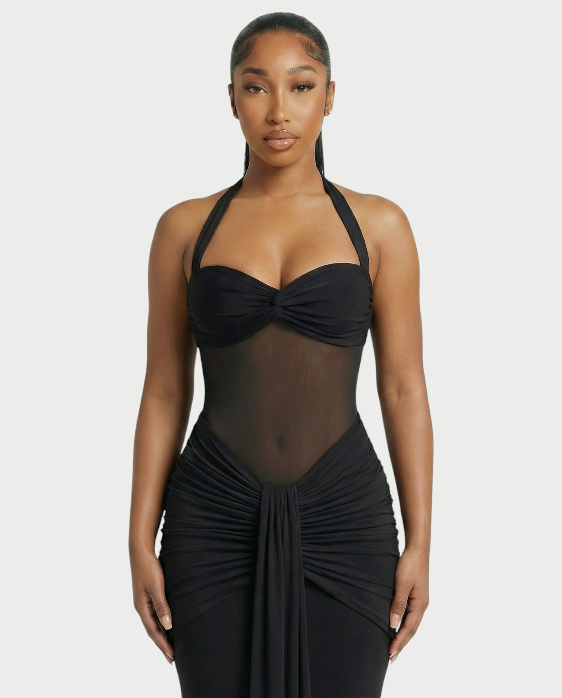 ALLEYA Halterneck Ruched Mesh Panel Maxi Dress - Image 22
