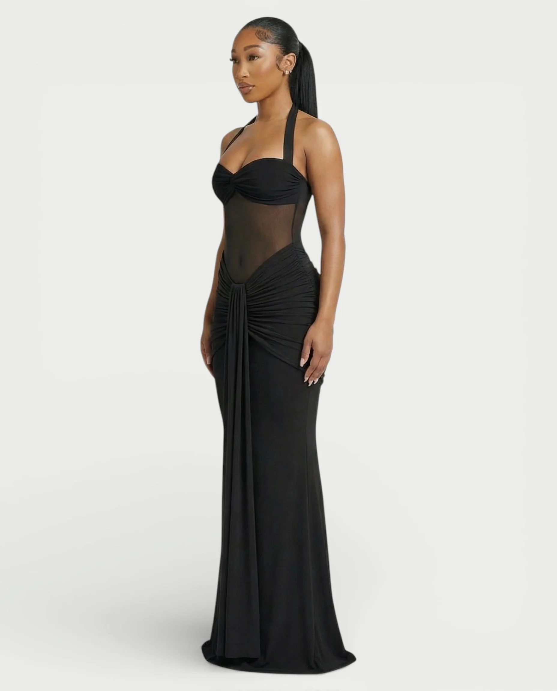 ALLEYA Halterneck Ruched Mesh Panel Maxi Dress - Image 23