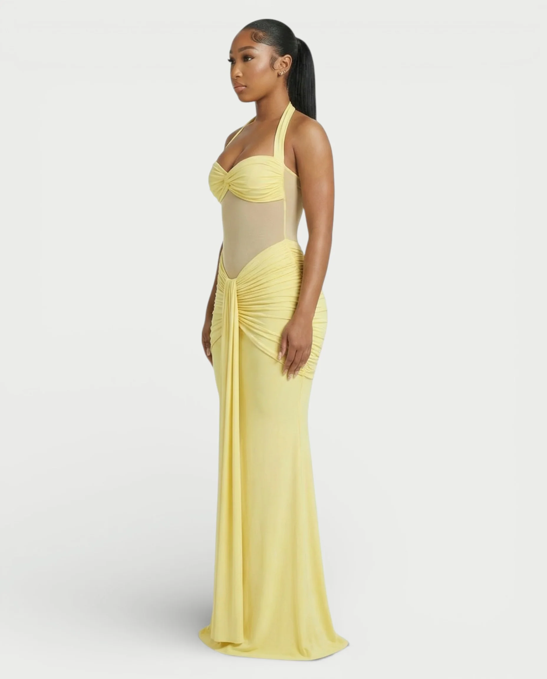 ALLEYA Halterneck Ruched Mesh Panel Maxi Dress - Image 3