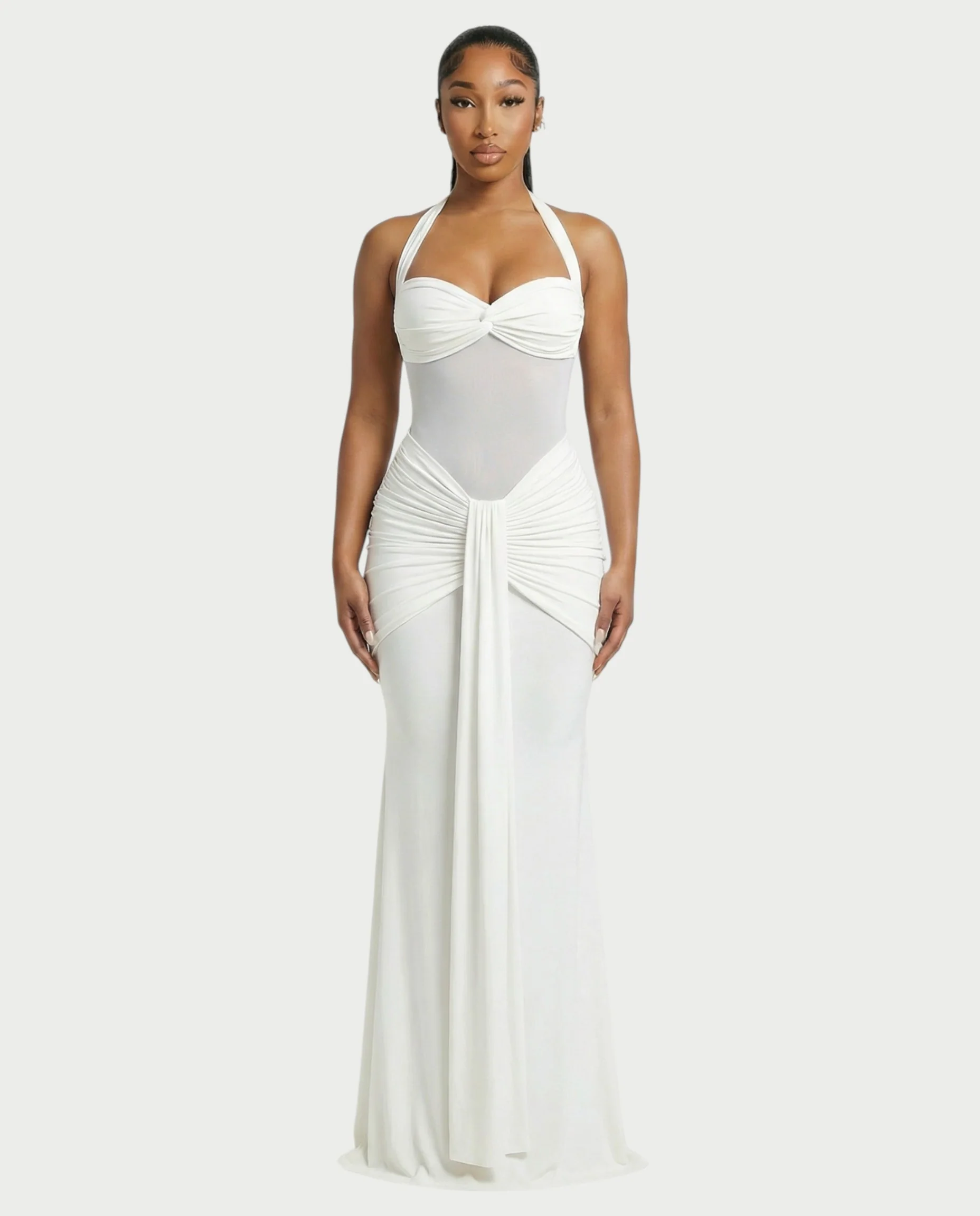 ALLEYA Halterneck Ruched Mesh Panel Maxi Dress - Image 6