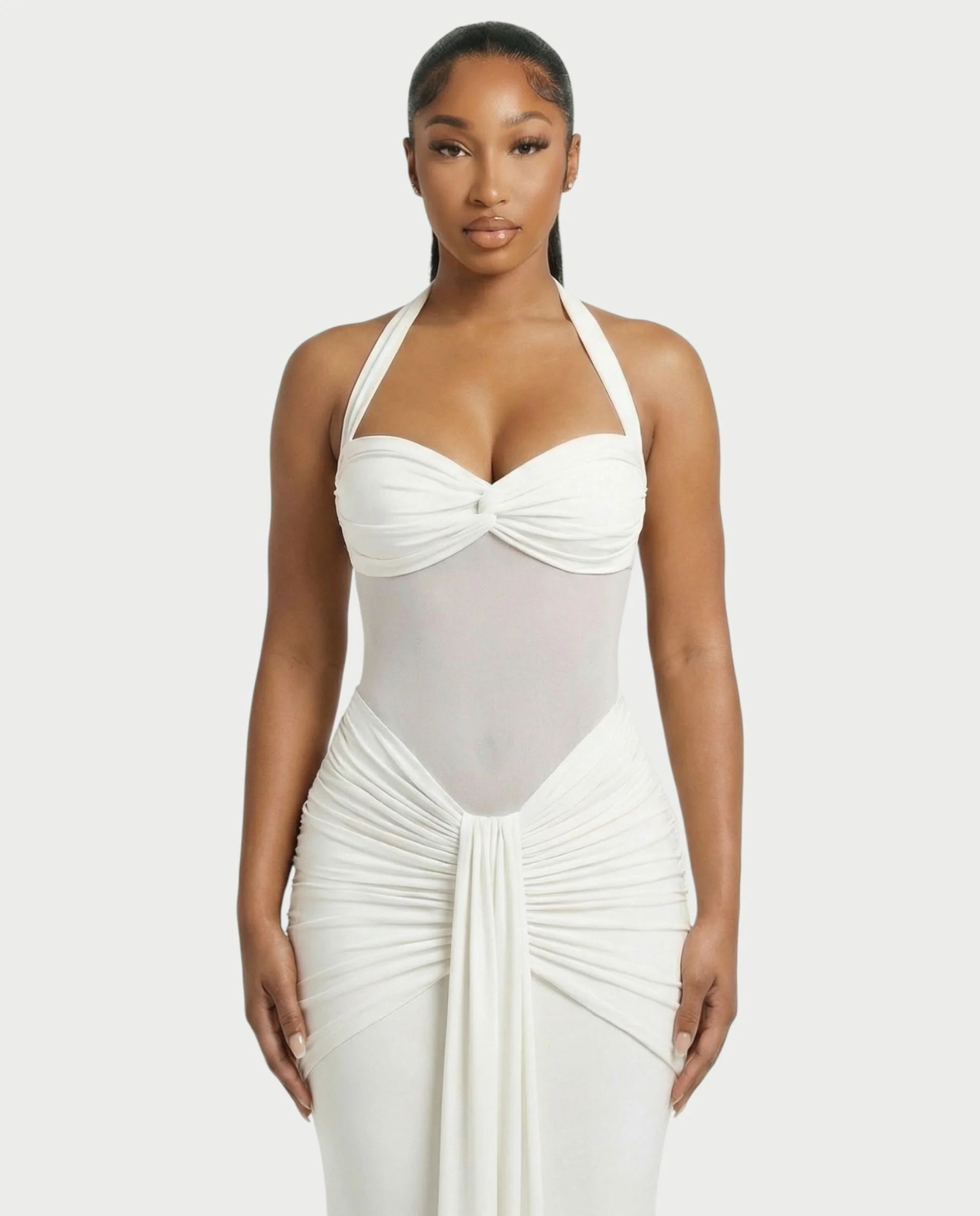 ALLEYA Halterneck Ruched Mesh Panel Maxi Dress - Image 7