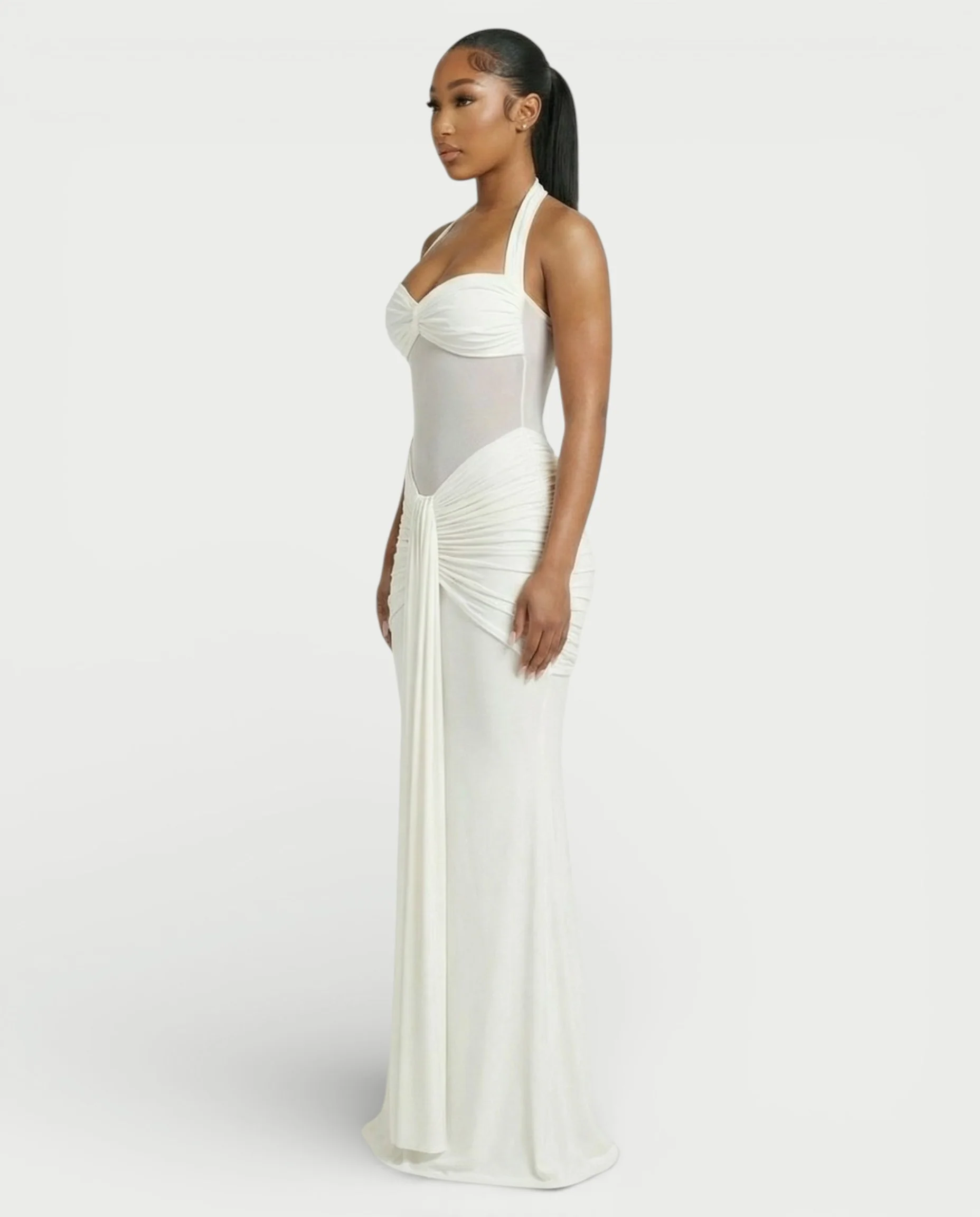 ALLEYA Halterneck Ruched Mesh Panel Maxi Dress - Image 8