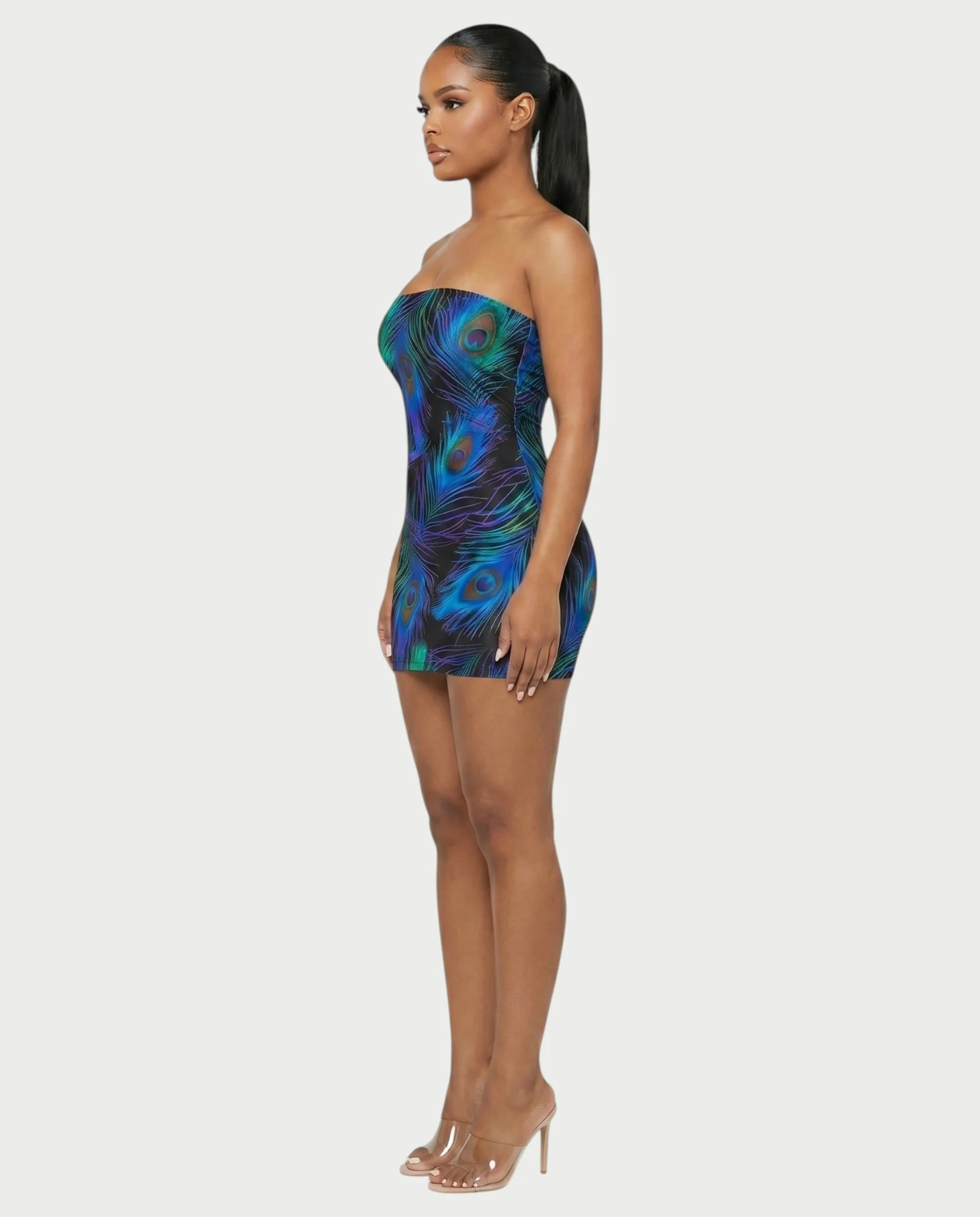 ALLISON Peacock Feather Print Tube-top Mini Dress - Image 3