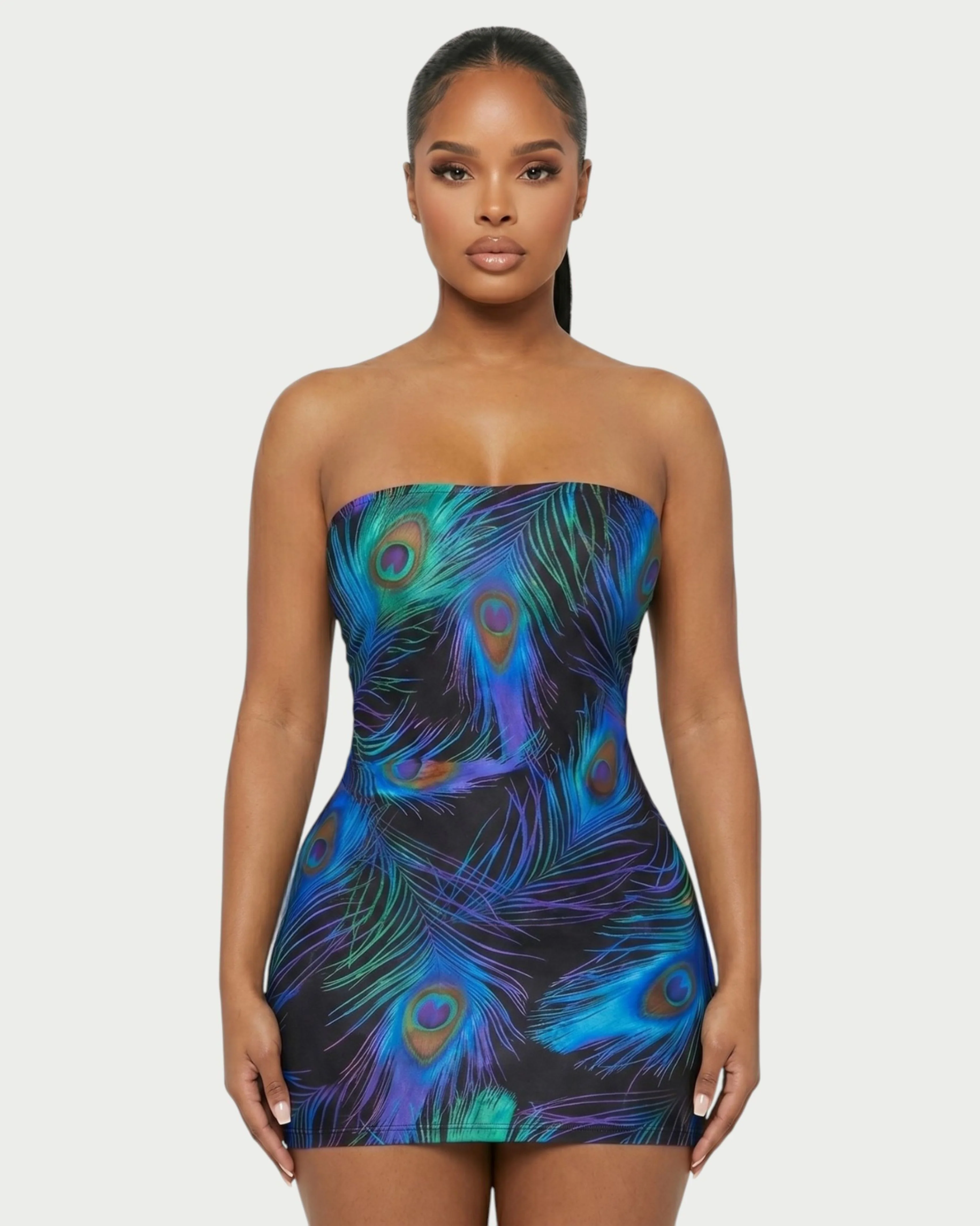 ALLISON Peacock Feather Print Tube-top Mini Dress - Image 4