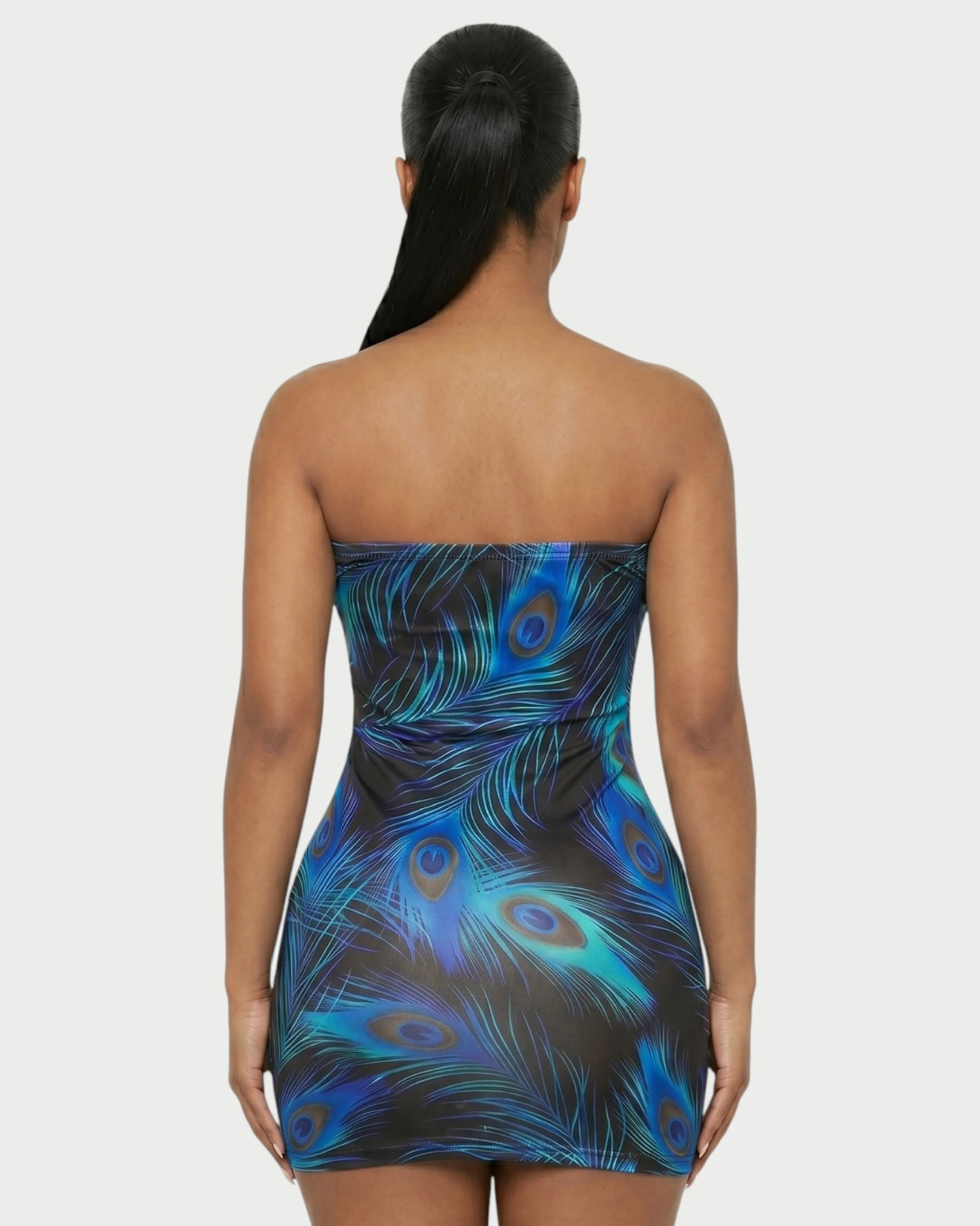 ALLISON Peacock Feather Print Tube-top Mini Dress - Image 5