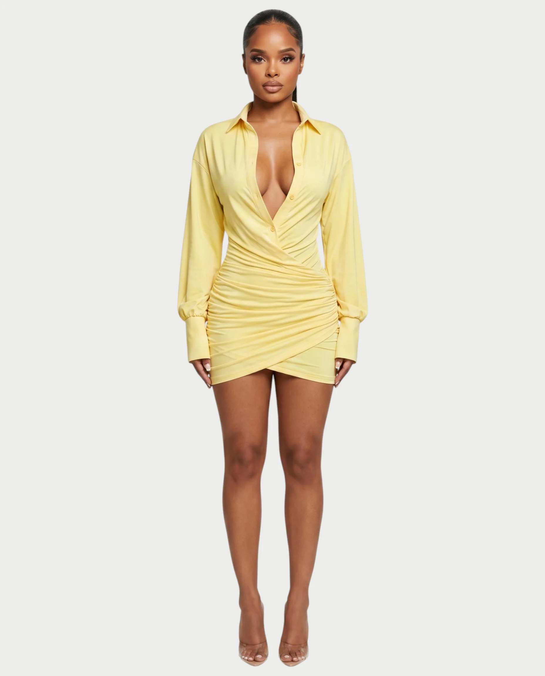 ALMINA Ruched Wrap Shirt Bodycon Mini Dress