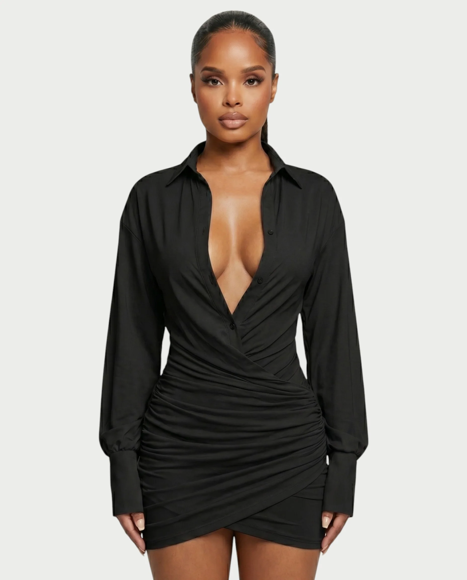 ALMINA Ruched Wrap Shirt Bodycon Mini Dress - Image 14
