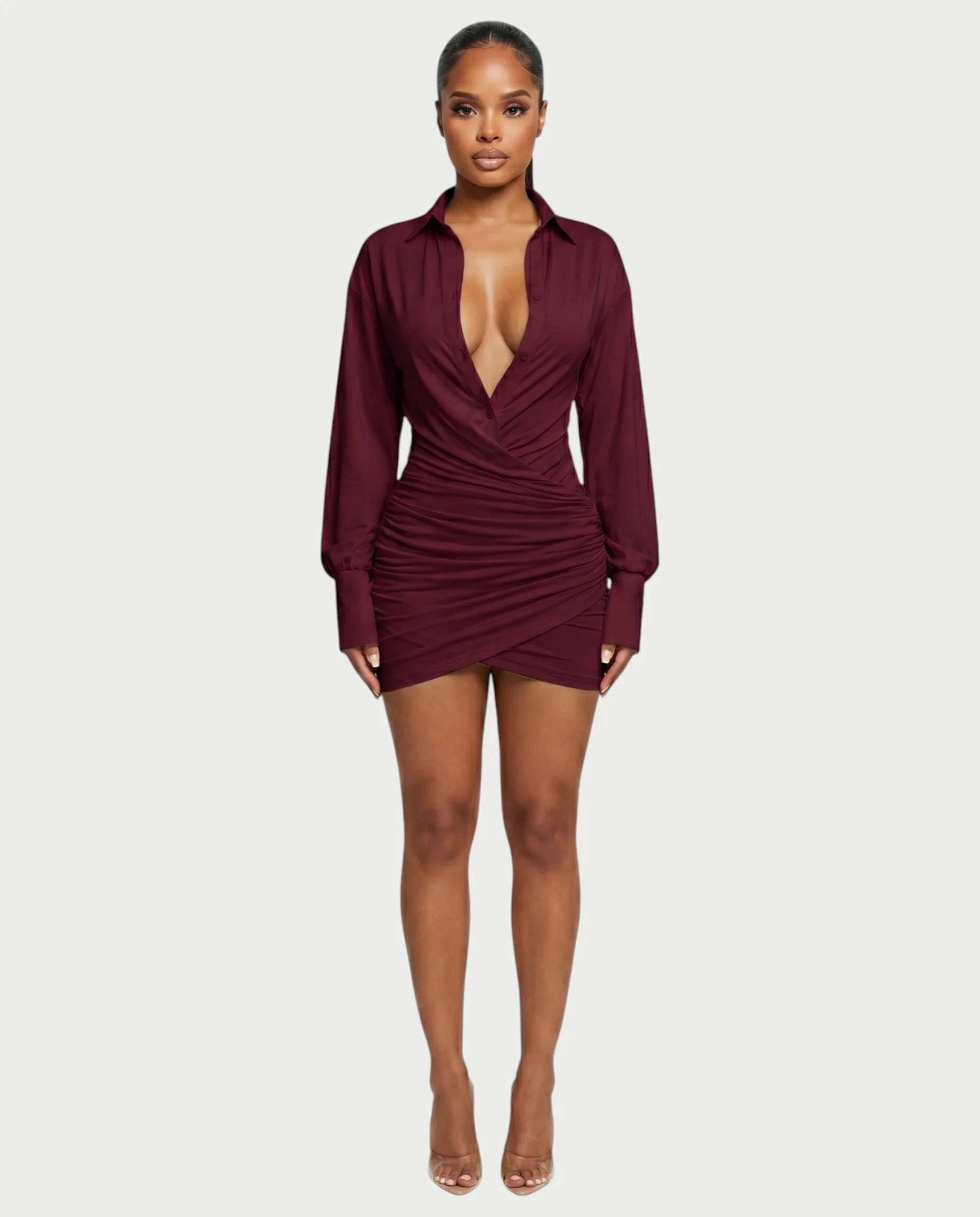 ALMINA Ruched Wrap Shirt Bodycon Mini Dress - Image 16