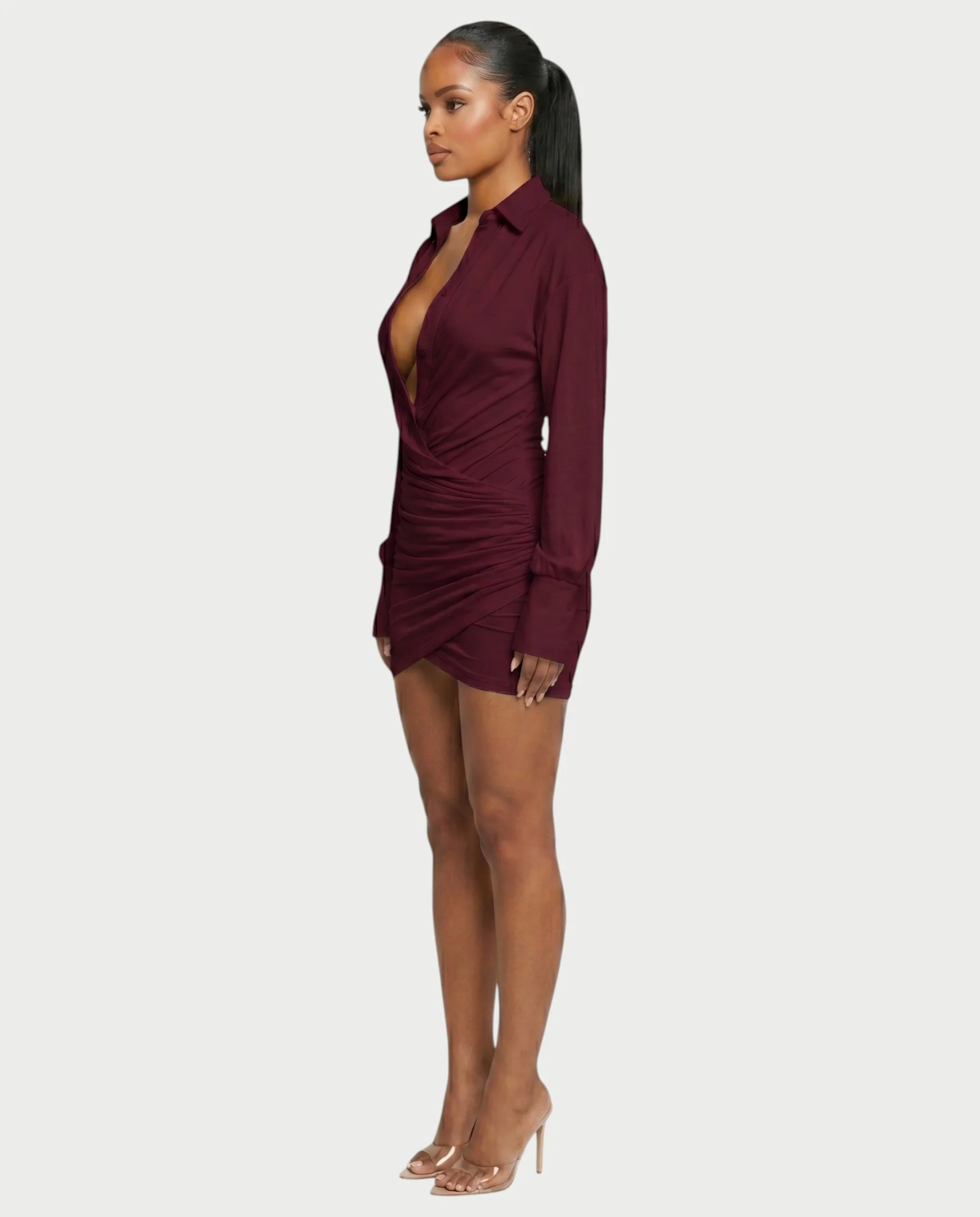 ALMINA Ruched Wrap Shirt Bodycon Mini Dress - Image 18