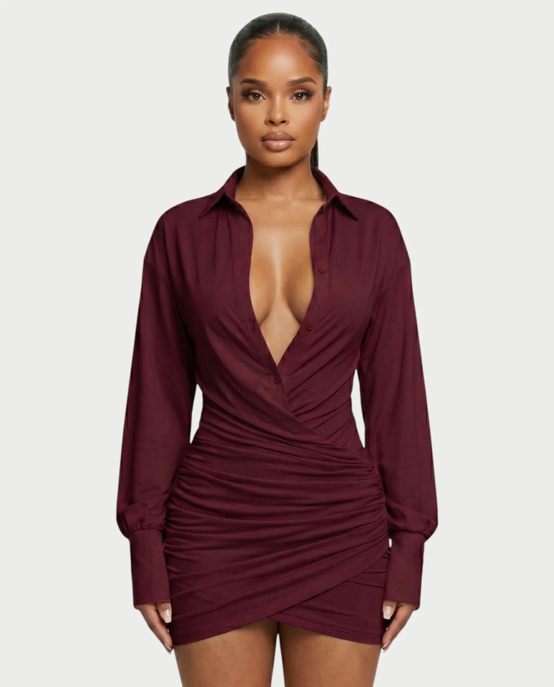 ALMINA Ruched Wrap Shirt Bodycon Mini Dress - Image 19