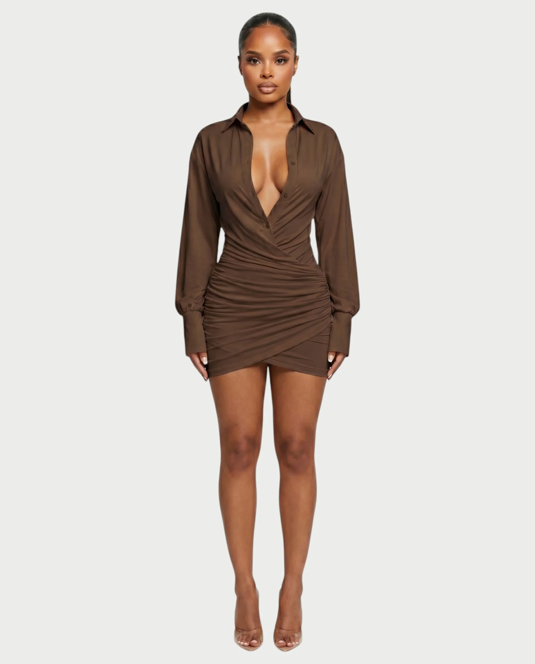 ALMINA Ruched Wrap Shirt Bodycon Mini Dress - Image 21
