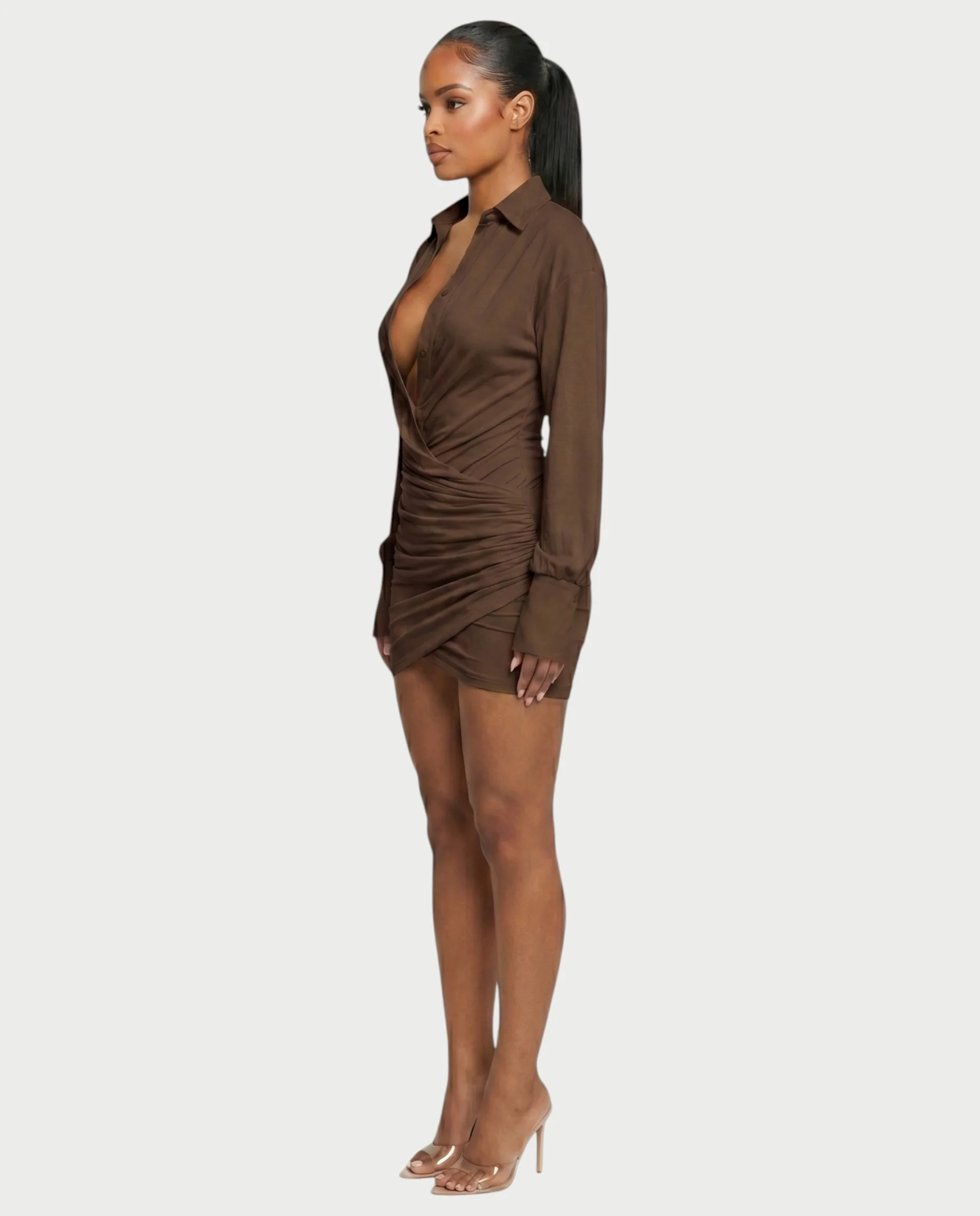 ALMINA Ruched Wrap Shirt Bodycon Mini Dress - Image 23