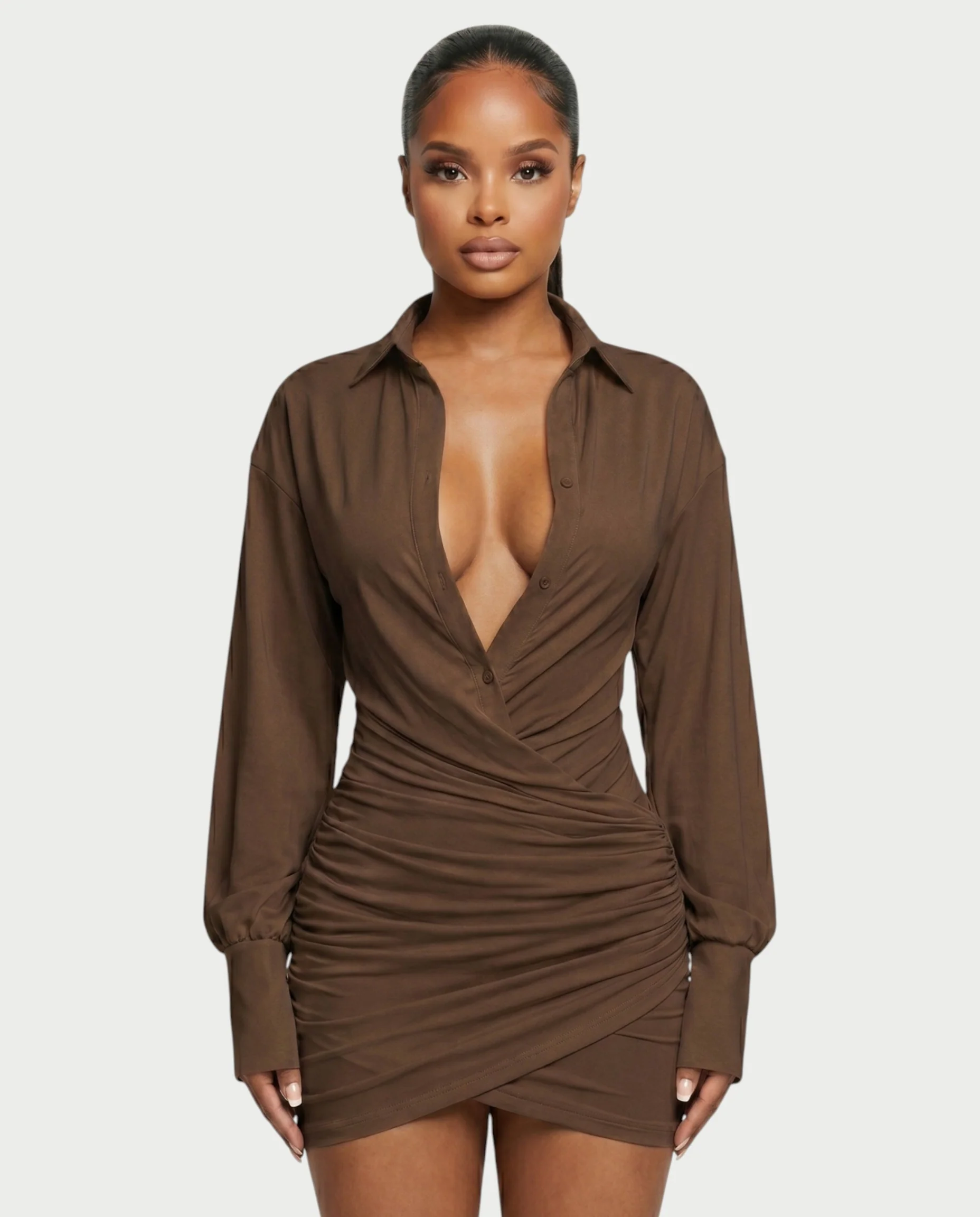 ALMINA Ruched Wrap Shirt Bodycon Mini Dress - Image 24