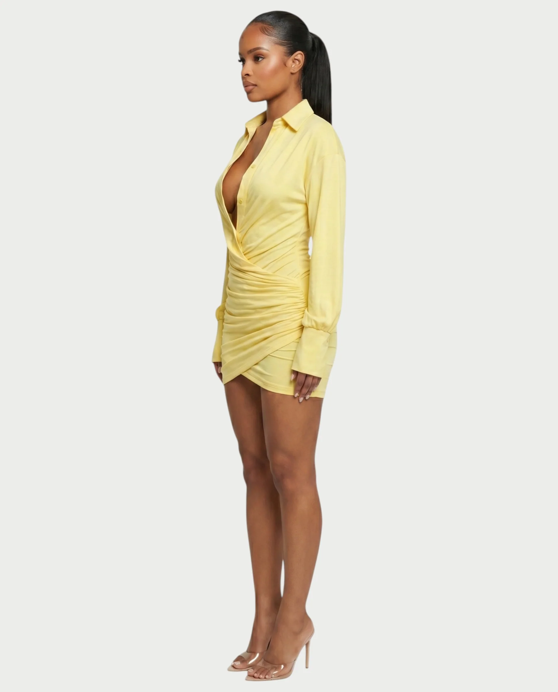 ALMINA Ruched Wrap Shirt Bodycon Mini Dress - Image 3