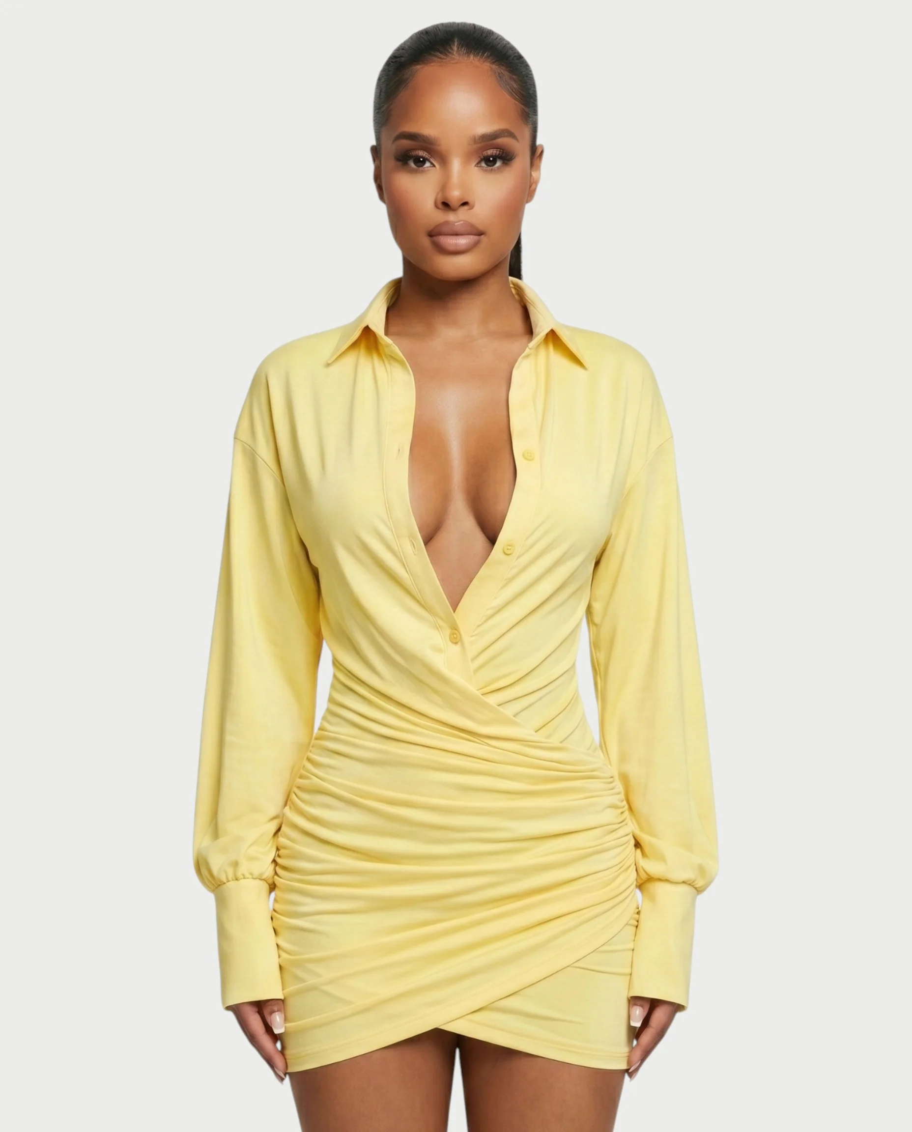ALMINA Ruched Wrap Shirt Bodycon Mini Dress - Image 4
