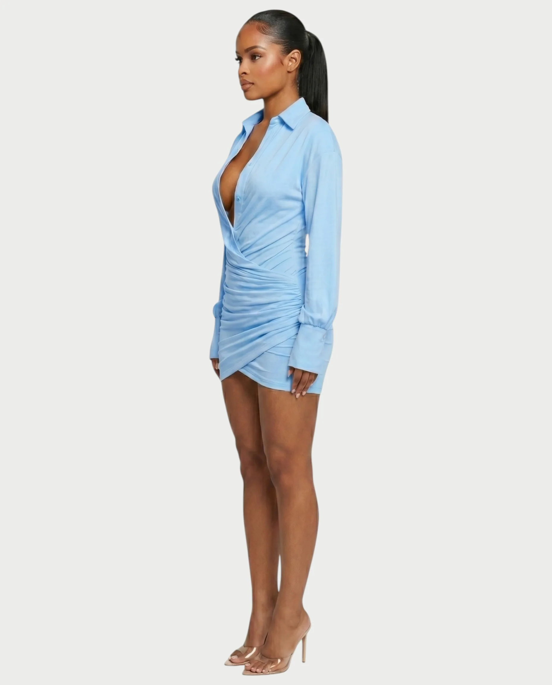 ALMINA Ruched Wrap Shirt Bodycon Mini Dress - Image 8
