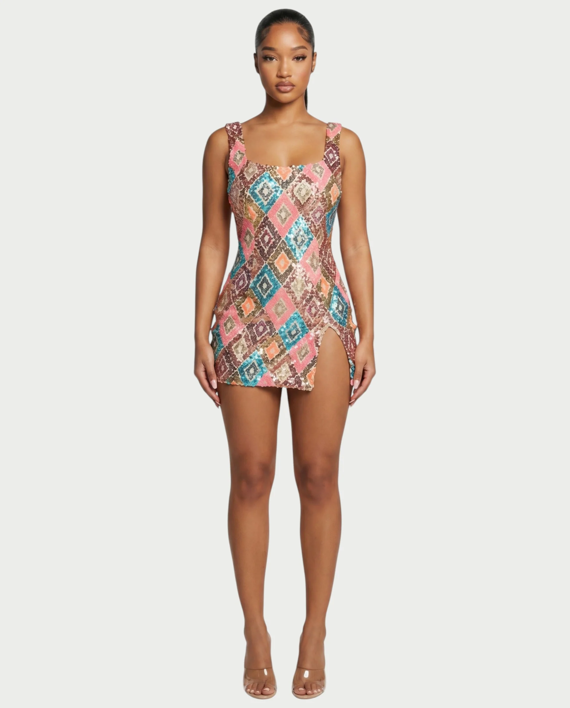 ALMIYA Pink Sequin Diamond Bodycon Mini Dress