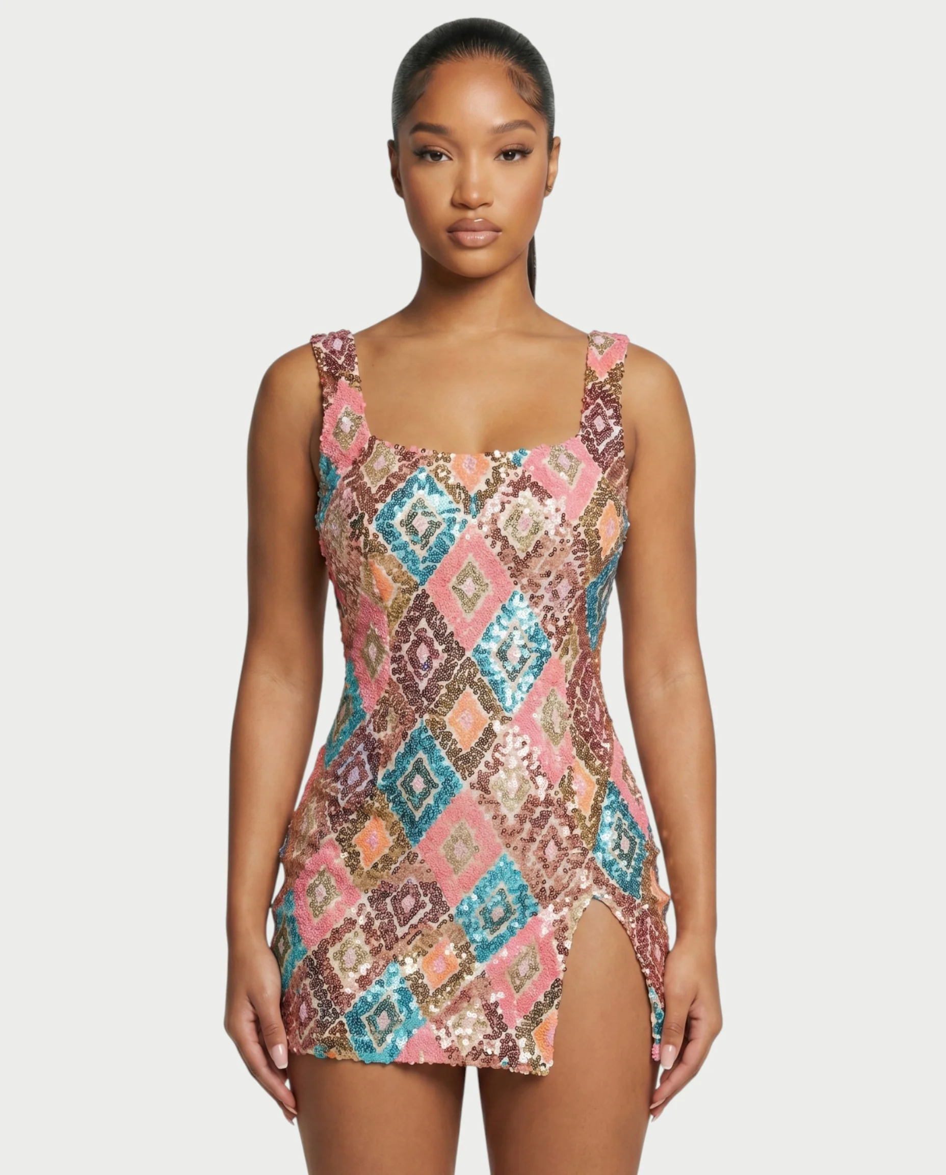 ALMIYA Pink Sequin Diamond Bodycon Mini Dress - Image 4