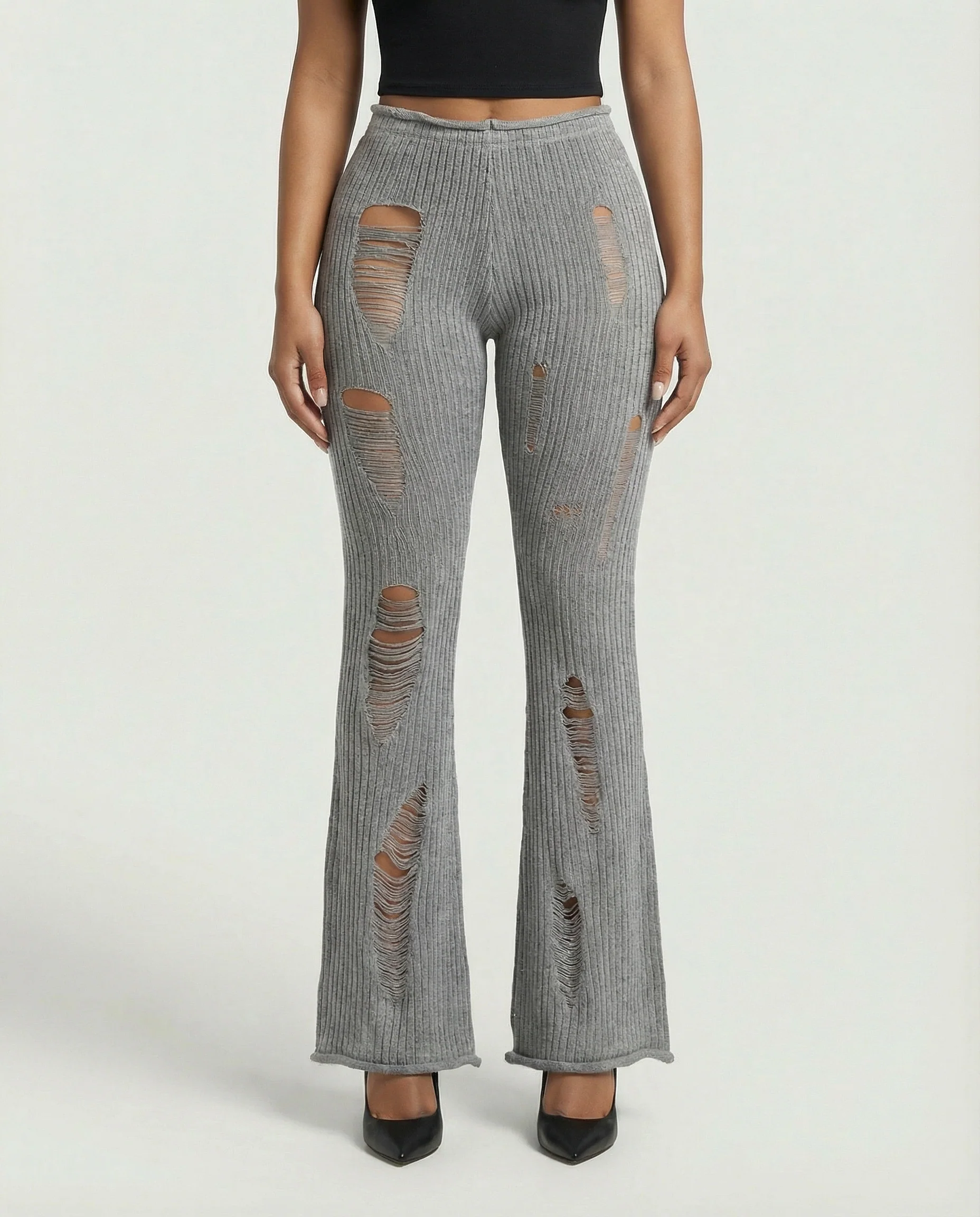 ALOMA Ripped Ribbed Knit Flared Pants - Image 2