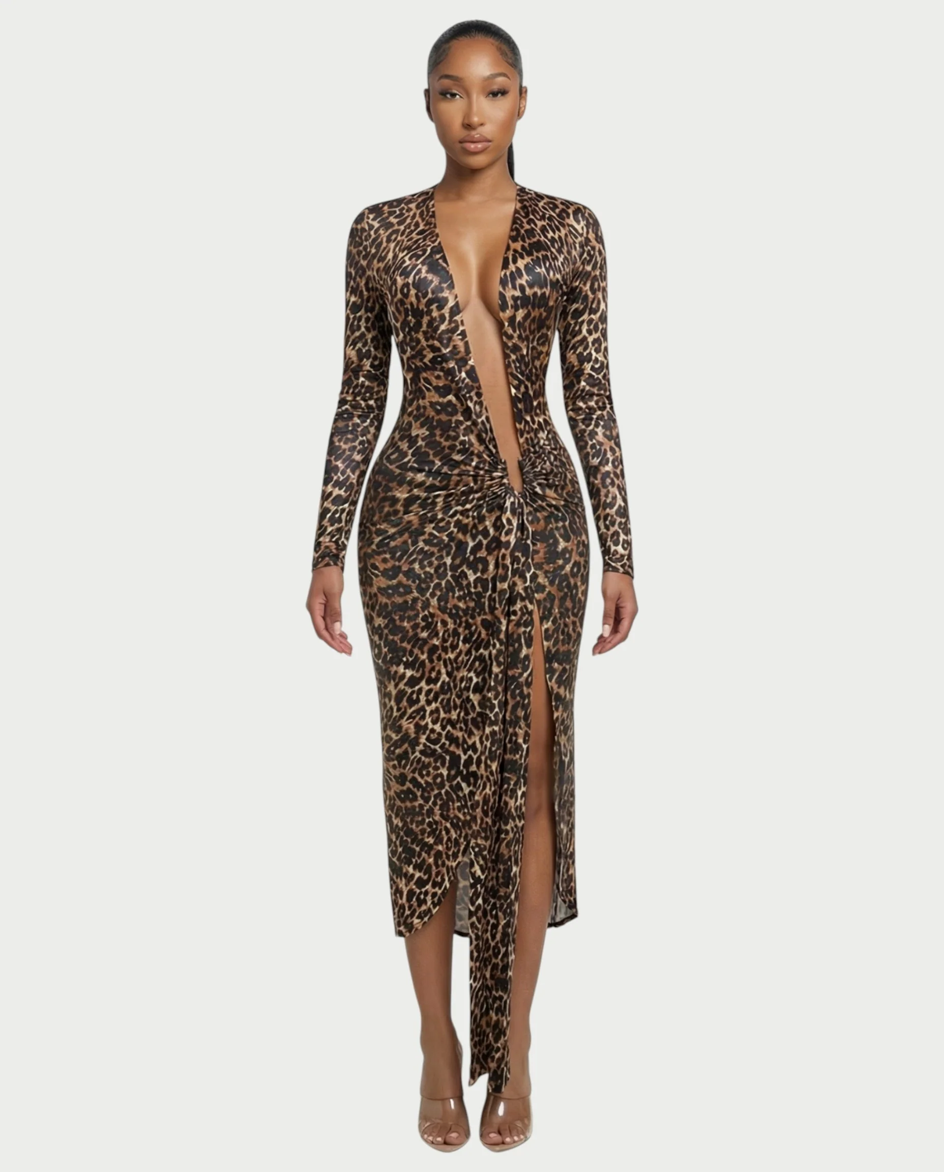 ALONA Leopard Pleated Long Sleeve Midi Dress