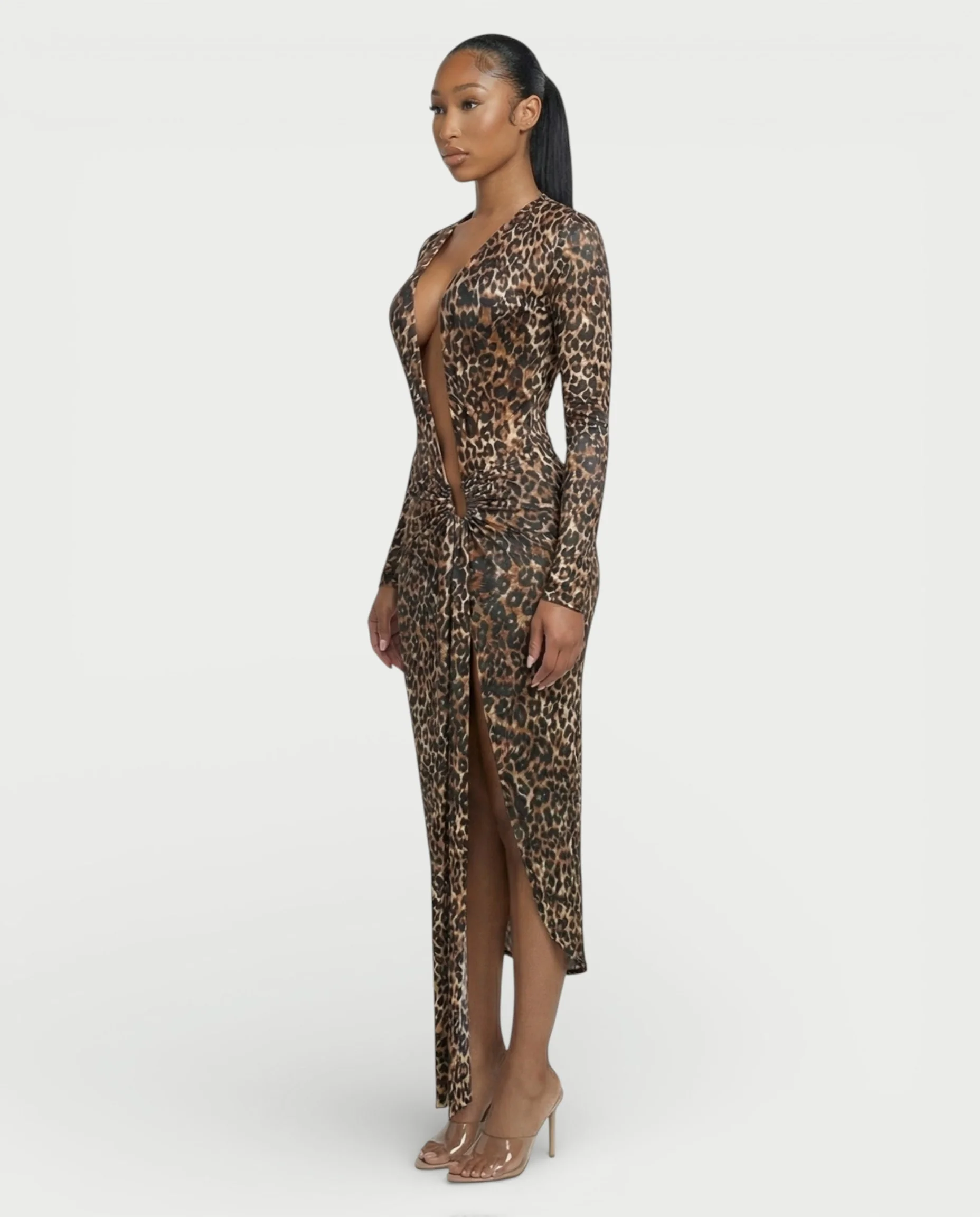 ALONA Leopard Pleated Long Sleeve Midi Dress - Image 3