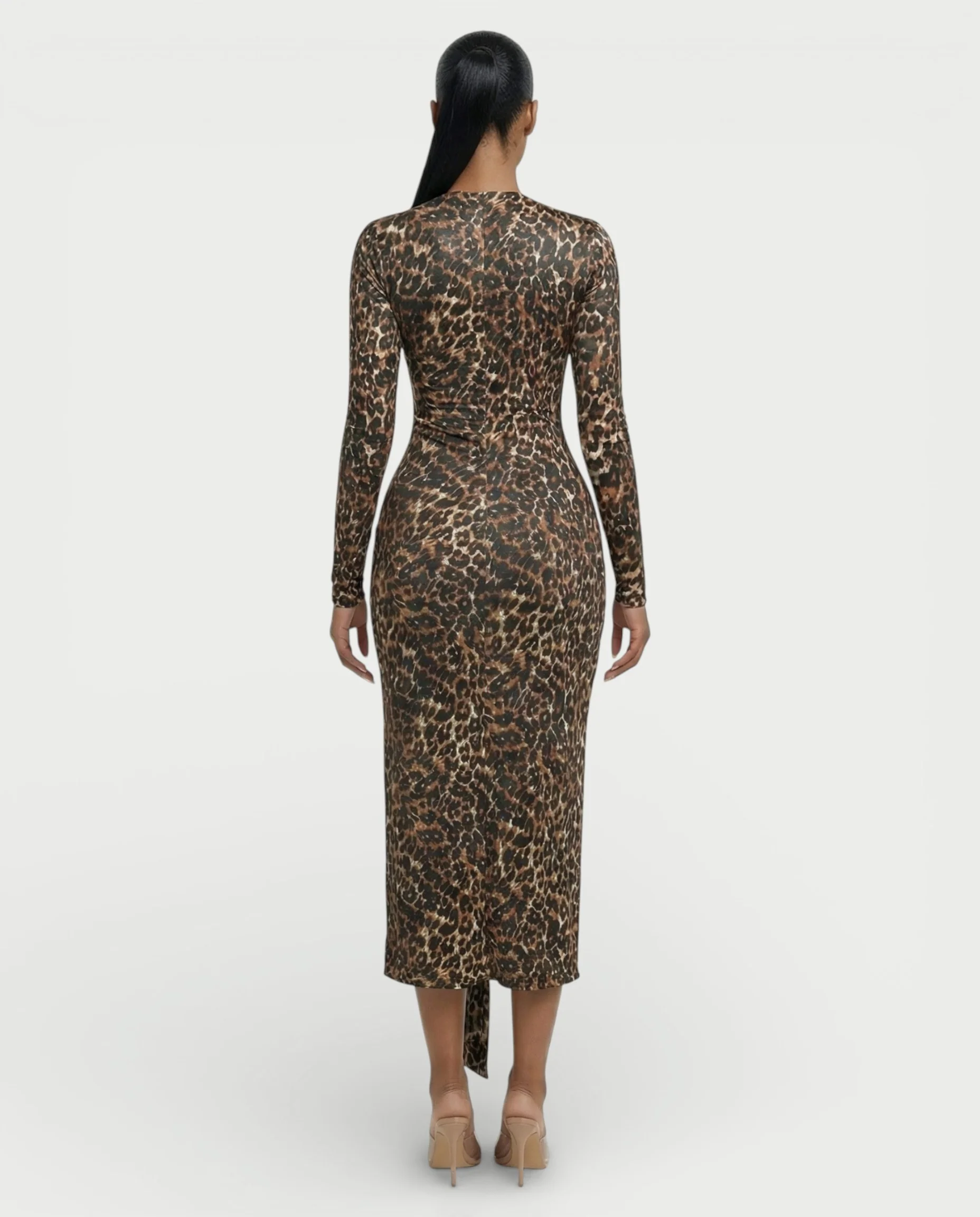 ALONA Leopard Pleated Long Sleeve Midi Dress - Image 4