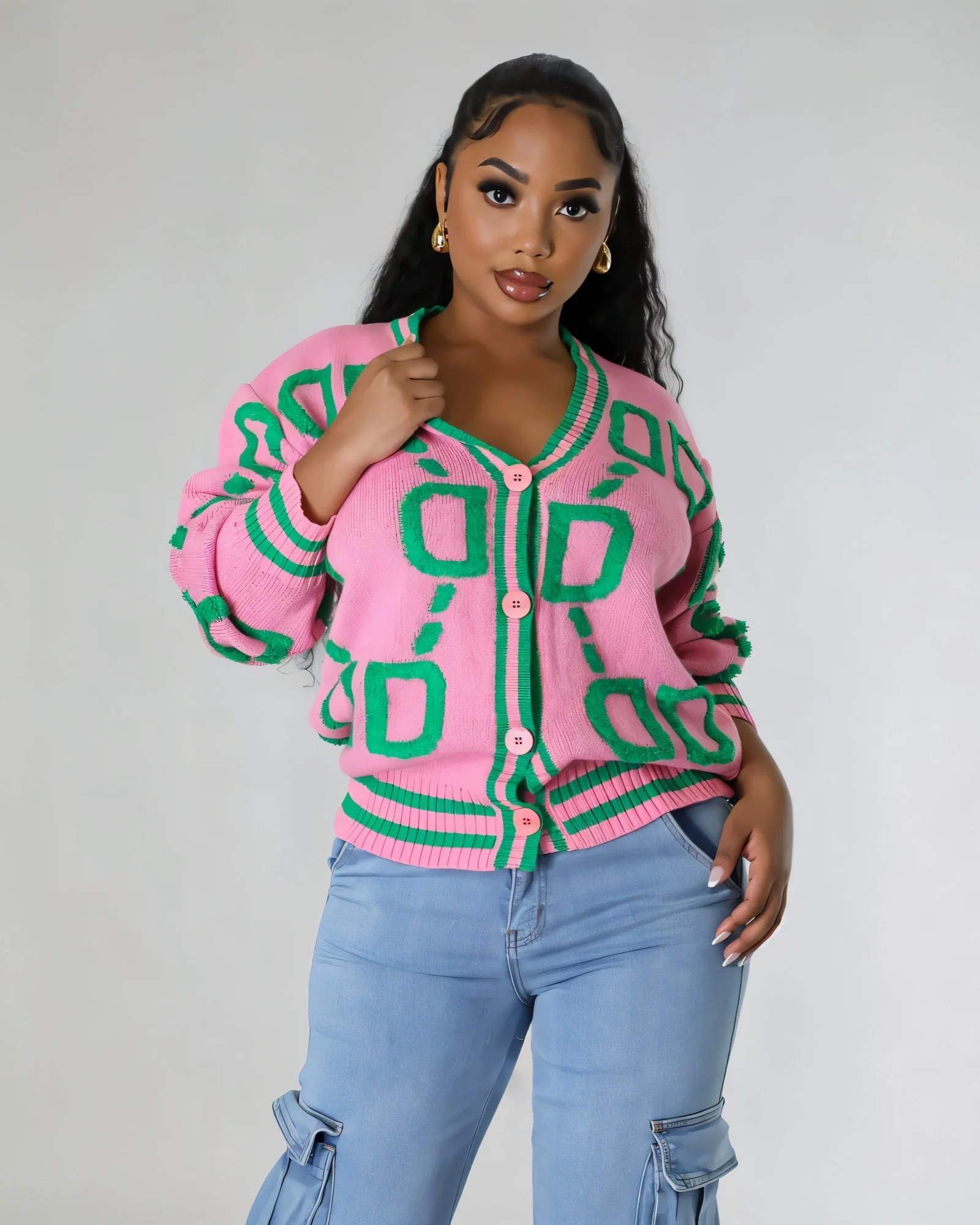 ALYA Geometric Jacquard Button-Up Knit Cardigan - Image 7