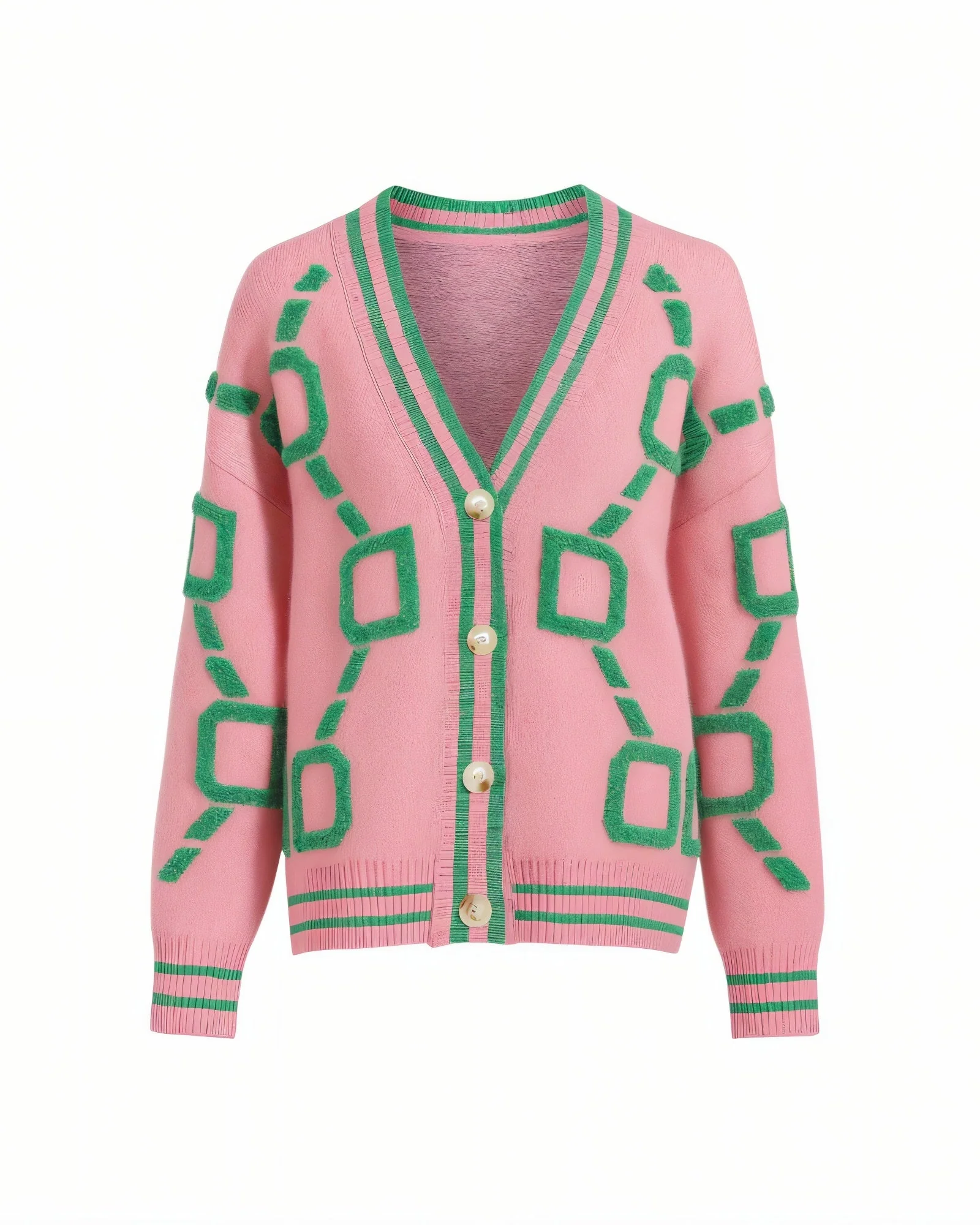 ALYA Geometric Jacquard Button-Up Knit Cardigan - Image 9