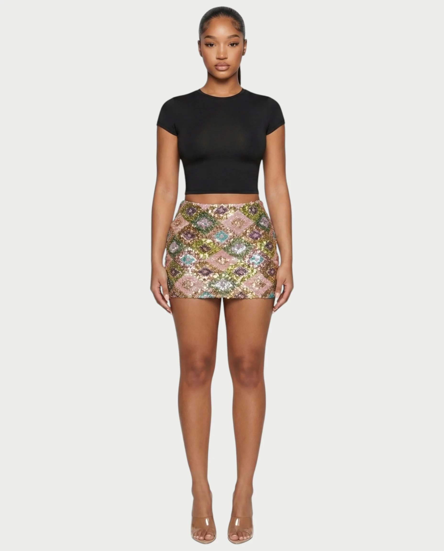AMERA Sequin Diamond Pattern Mini Skirt - Image 29