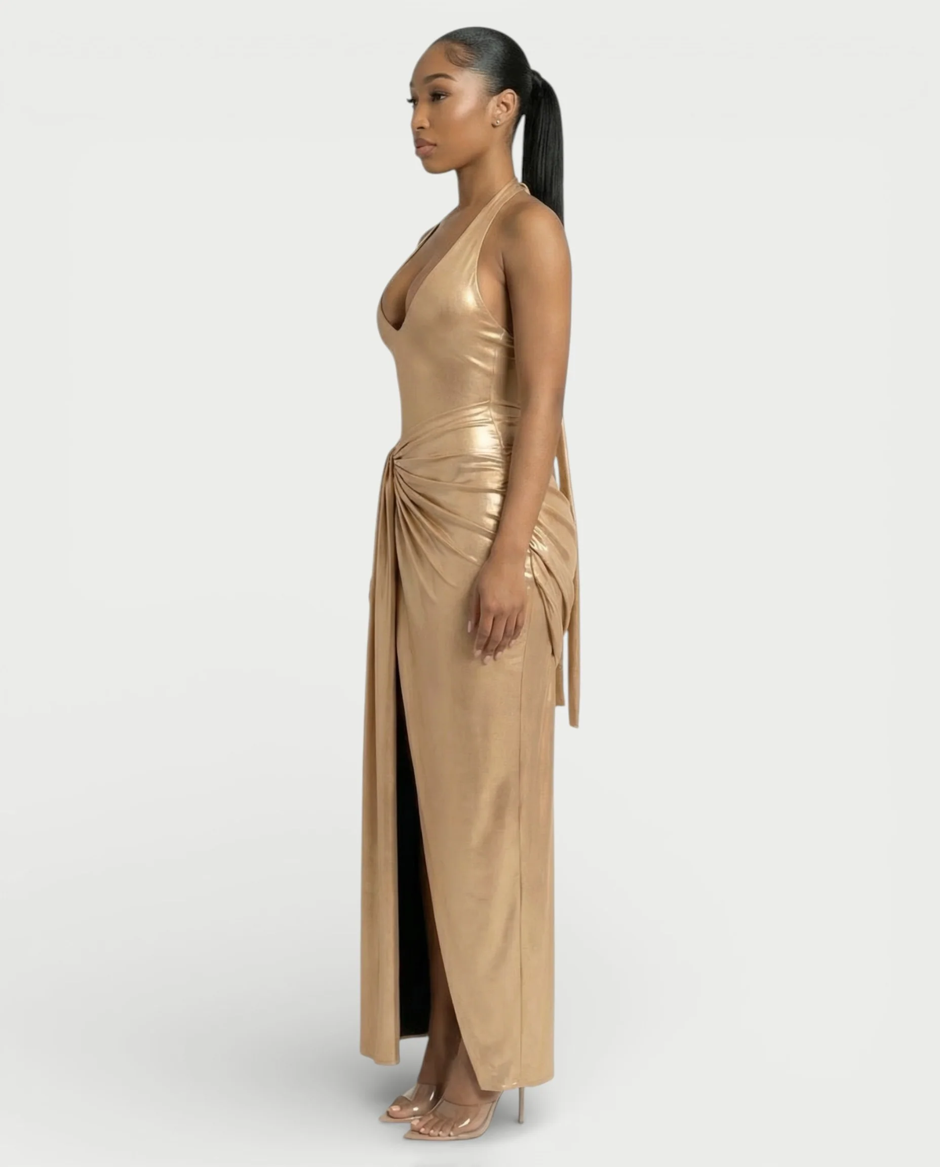 ARAYA Metallic Ruched High-Slit Maxi Dress - Image 3