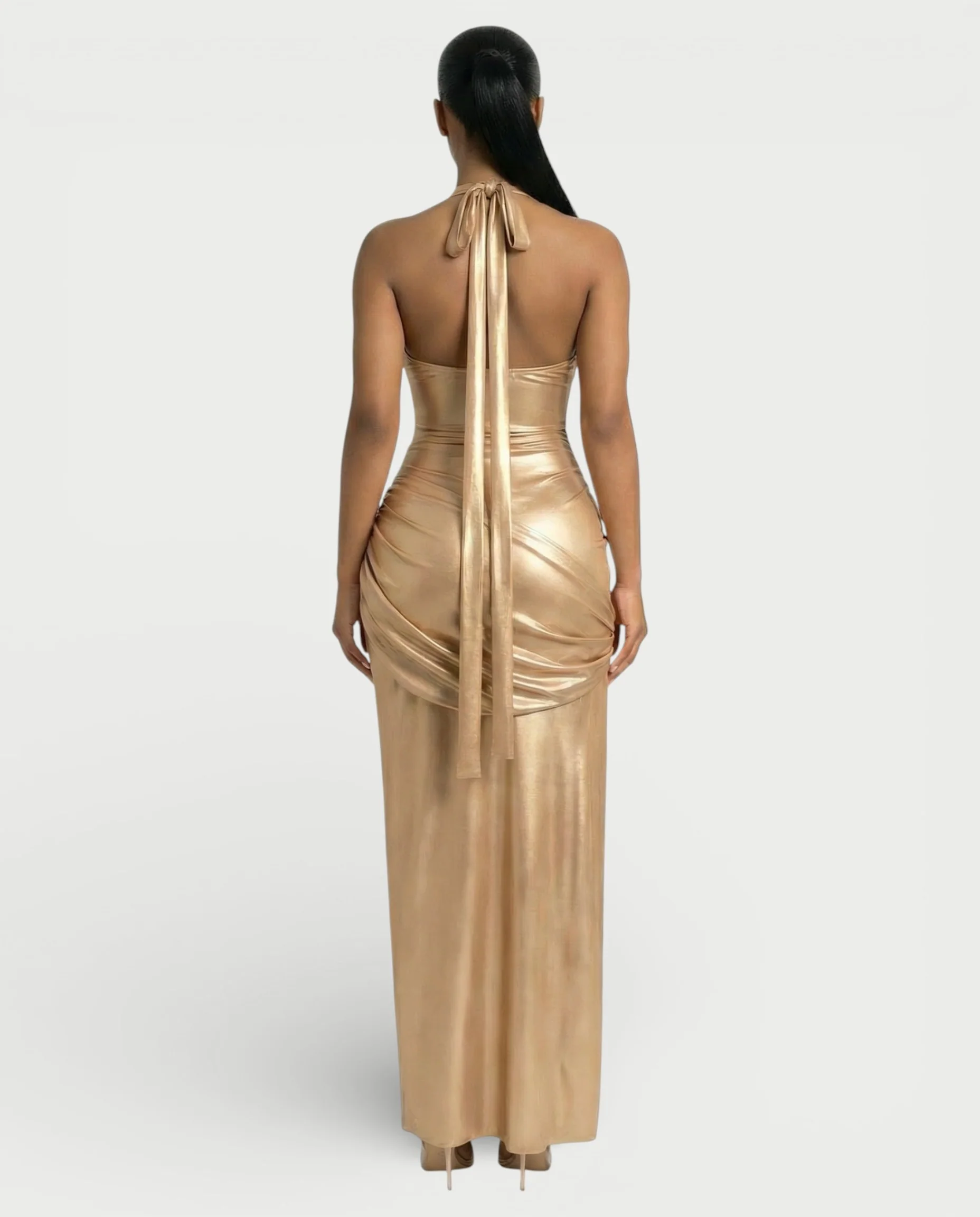 ARAYA Metallic Ruched High-Slit Maxi Dress - Image 4