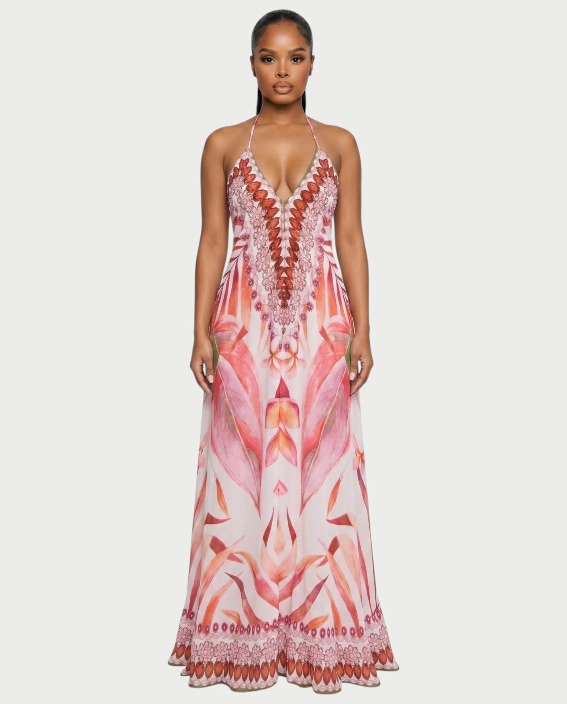 ARCIA Floral Ombre Flowing Halter Maxi Dress
