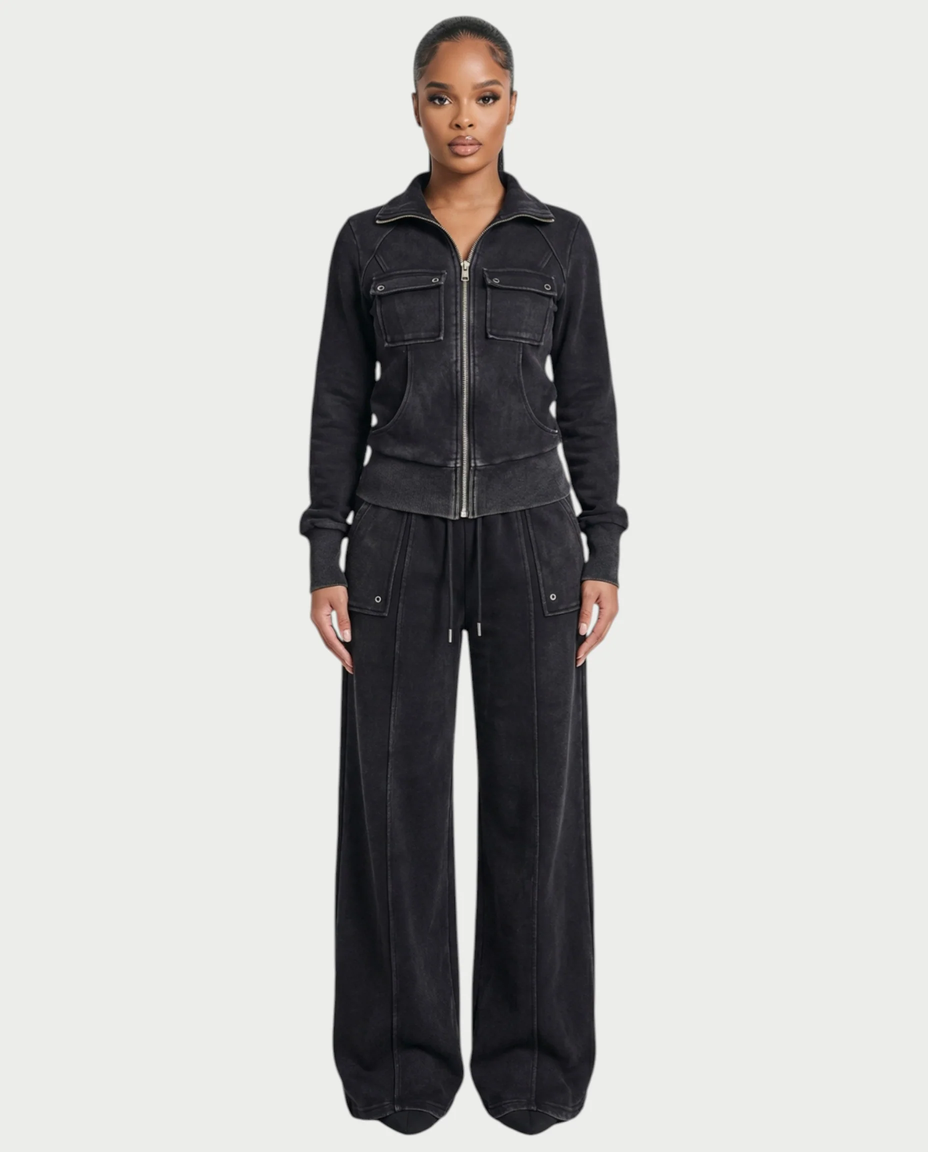 ASHINA Washed Zip-Up Jacket & Wide-Leg Drawstring Pants Set