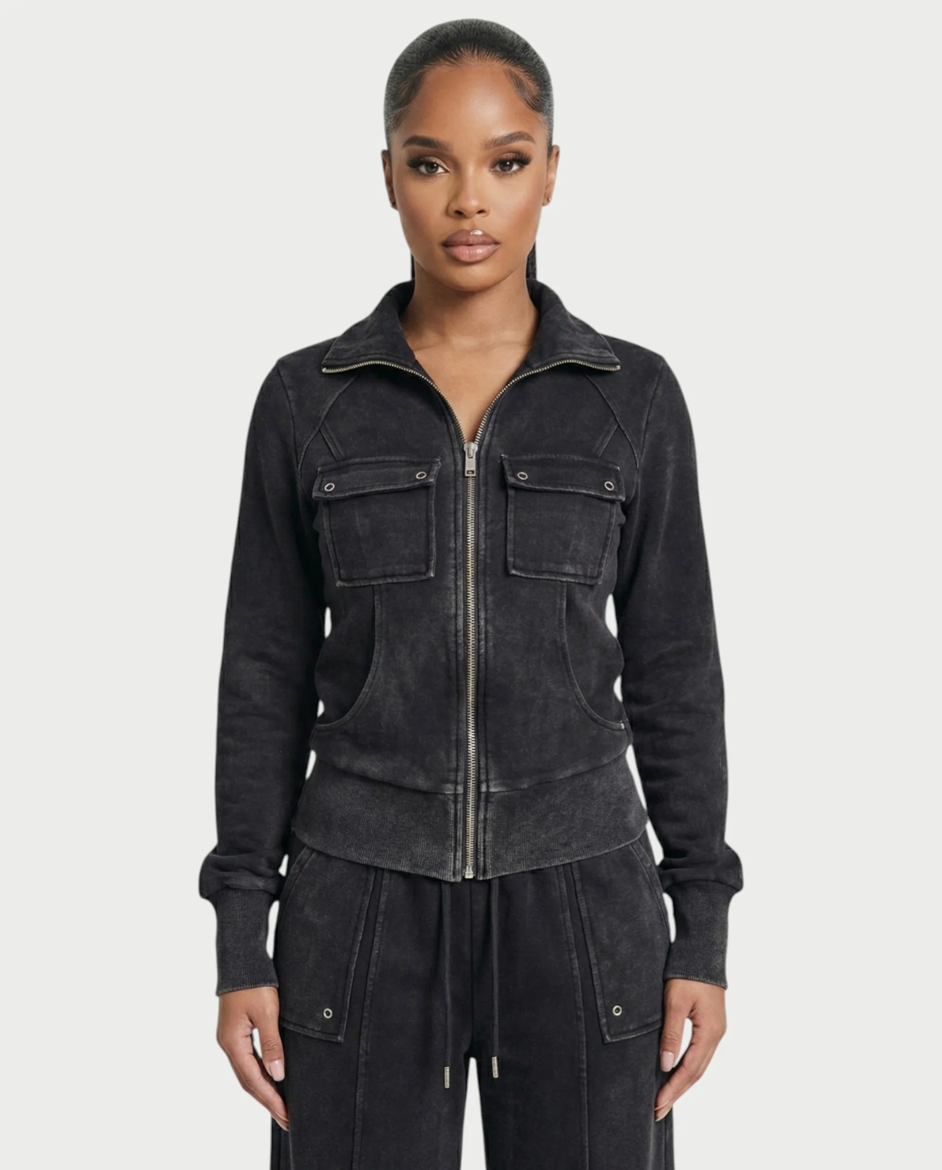 ASHINA Washed Zip-Up Jacket & Wide-Leg Drawstring Pants Set - Image 6