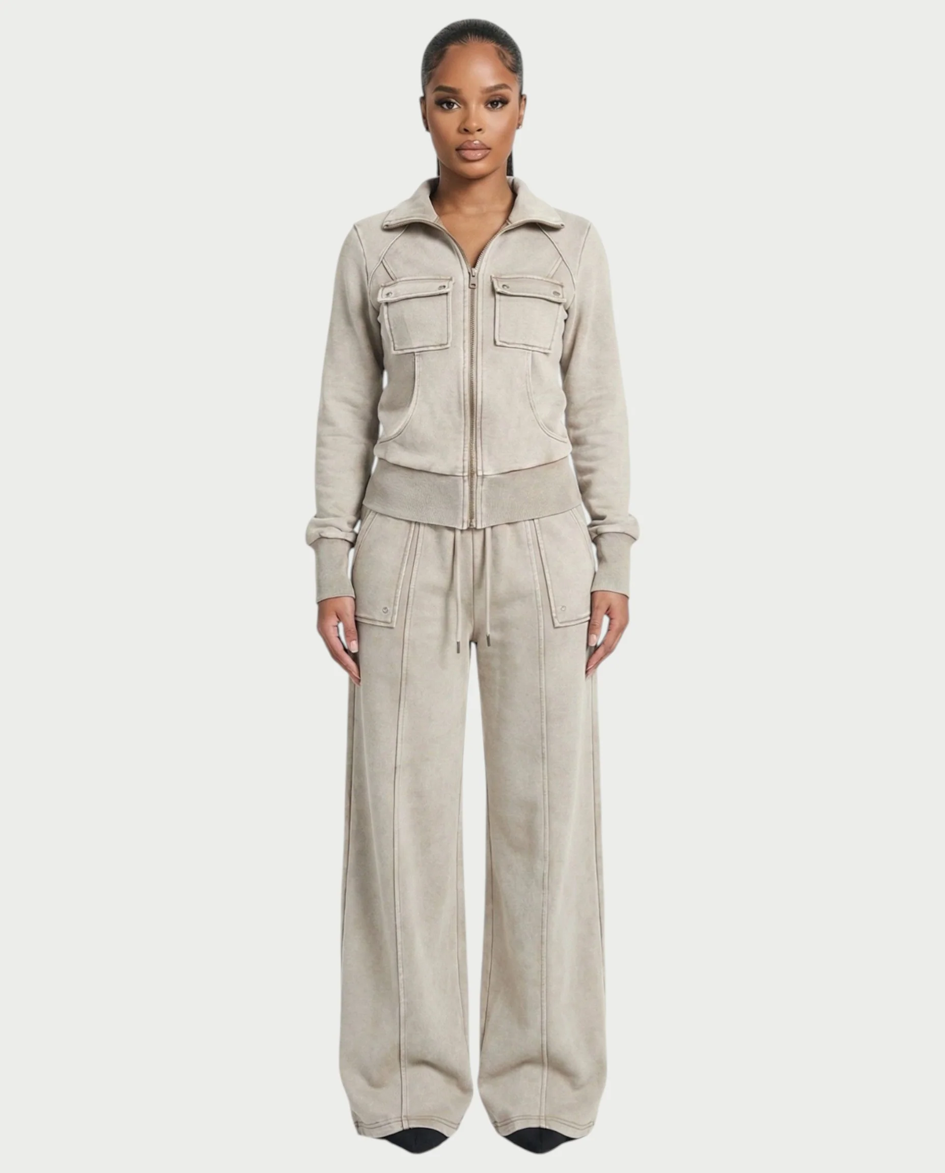 ASHINA Washed Zip-Up Jacket & Wide-Leg Drawstring Pants Set - Image 8